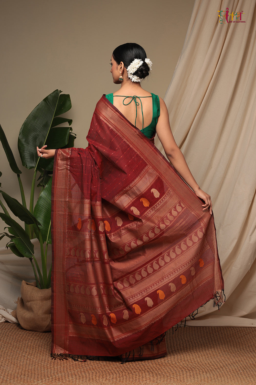 Handloom Maroon Pure Cotton Kanchi Saree