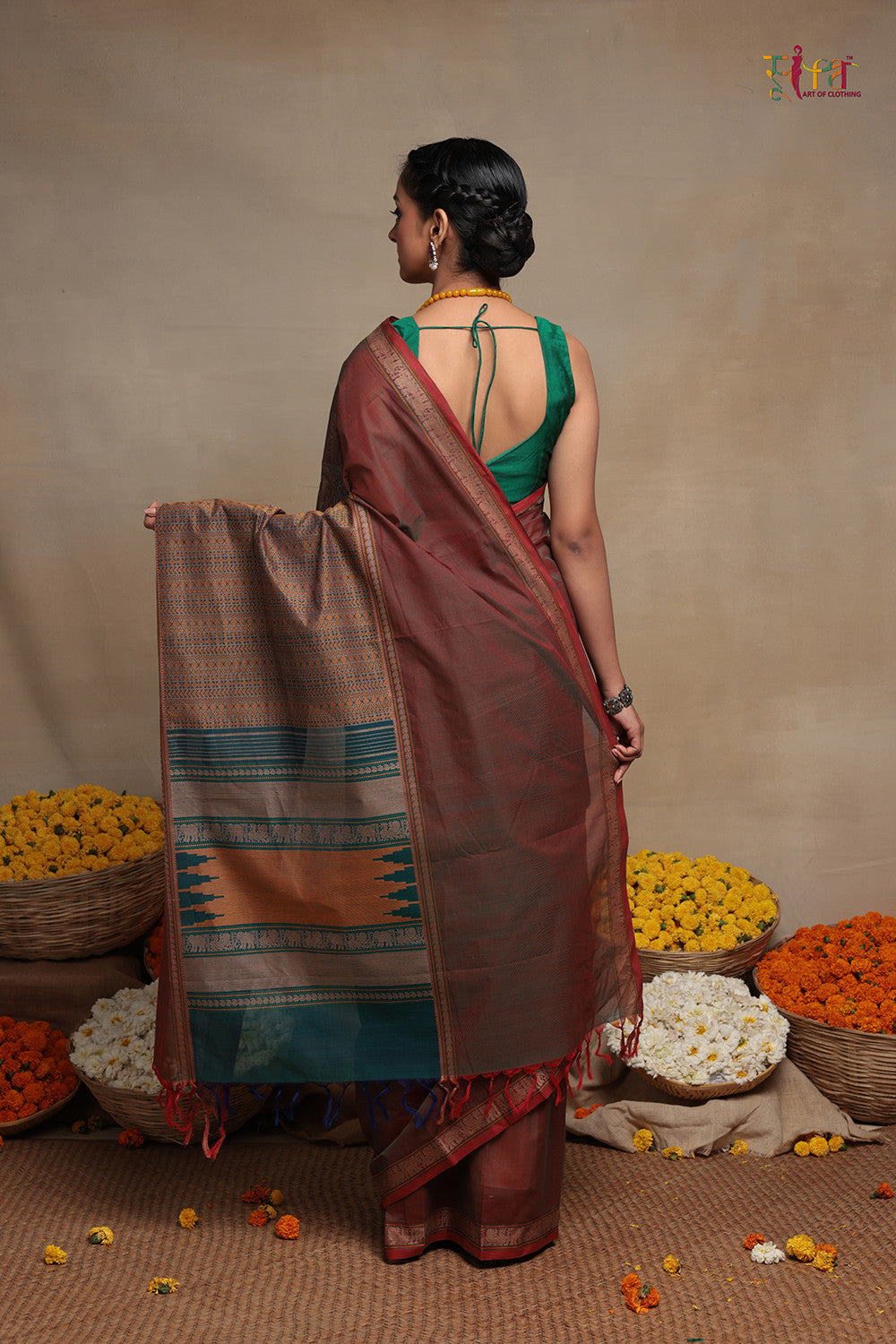 Handloom Red Brown Pure Cotton Kanchi Saree