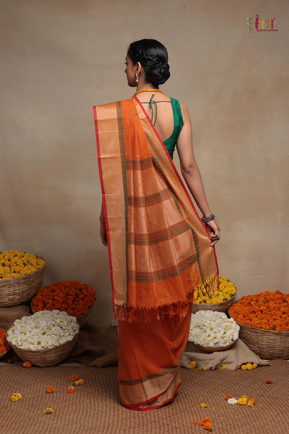 Handloom Orange Pure Cotton Kanchi  Saree