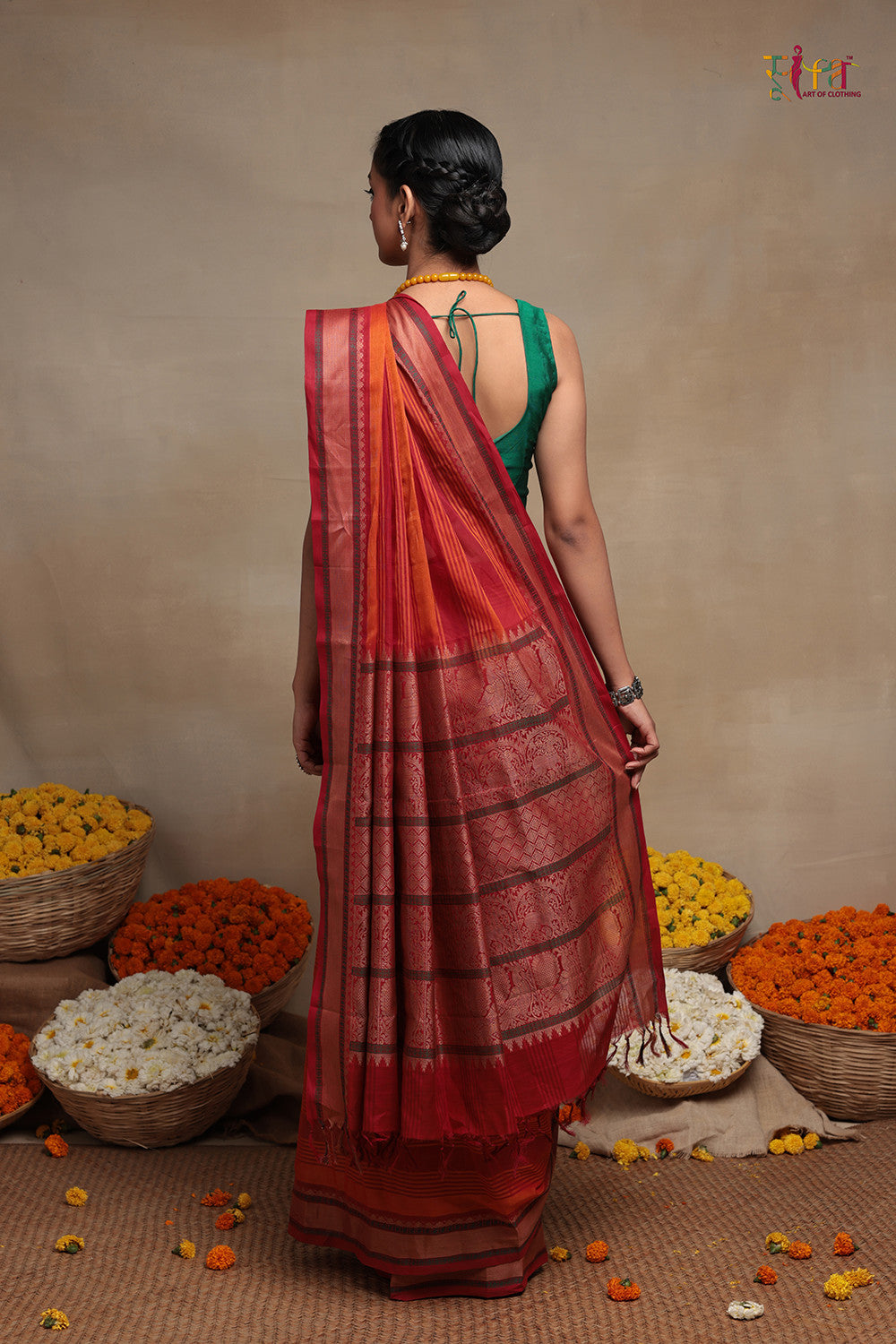 Handloom Orange & Red Pure Cotton Kanchi Saree