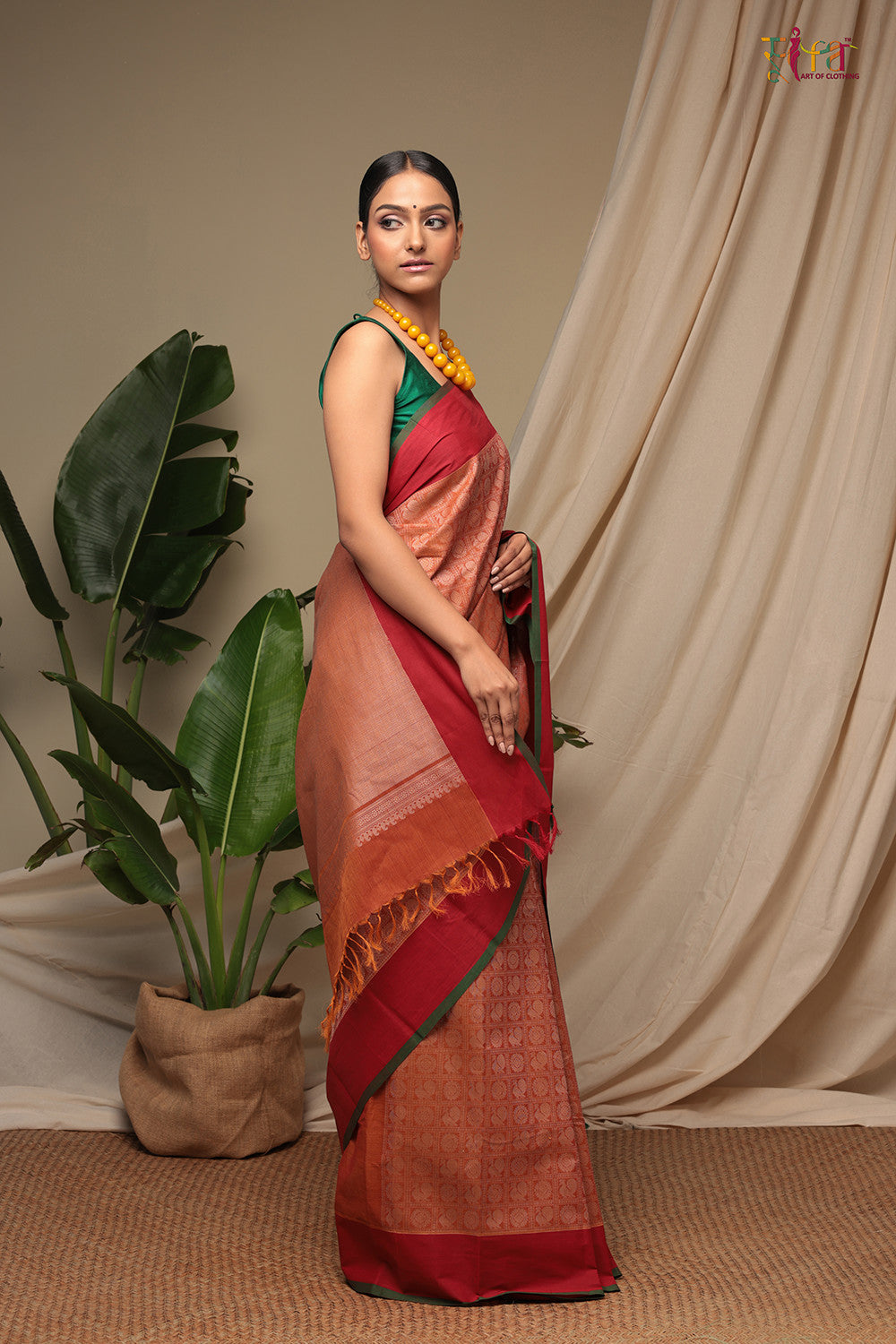 Handloom Light Coral Red Pure Cotton Kanchi Saree