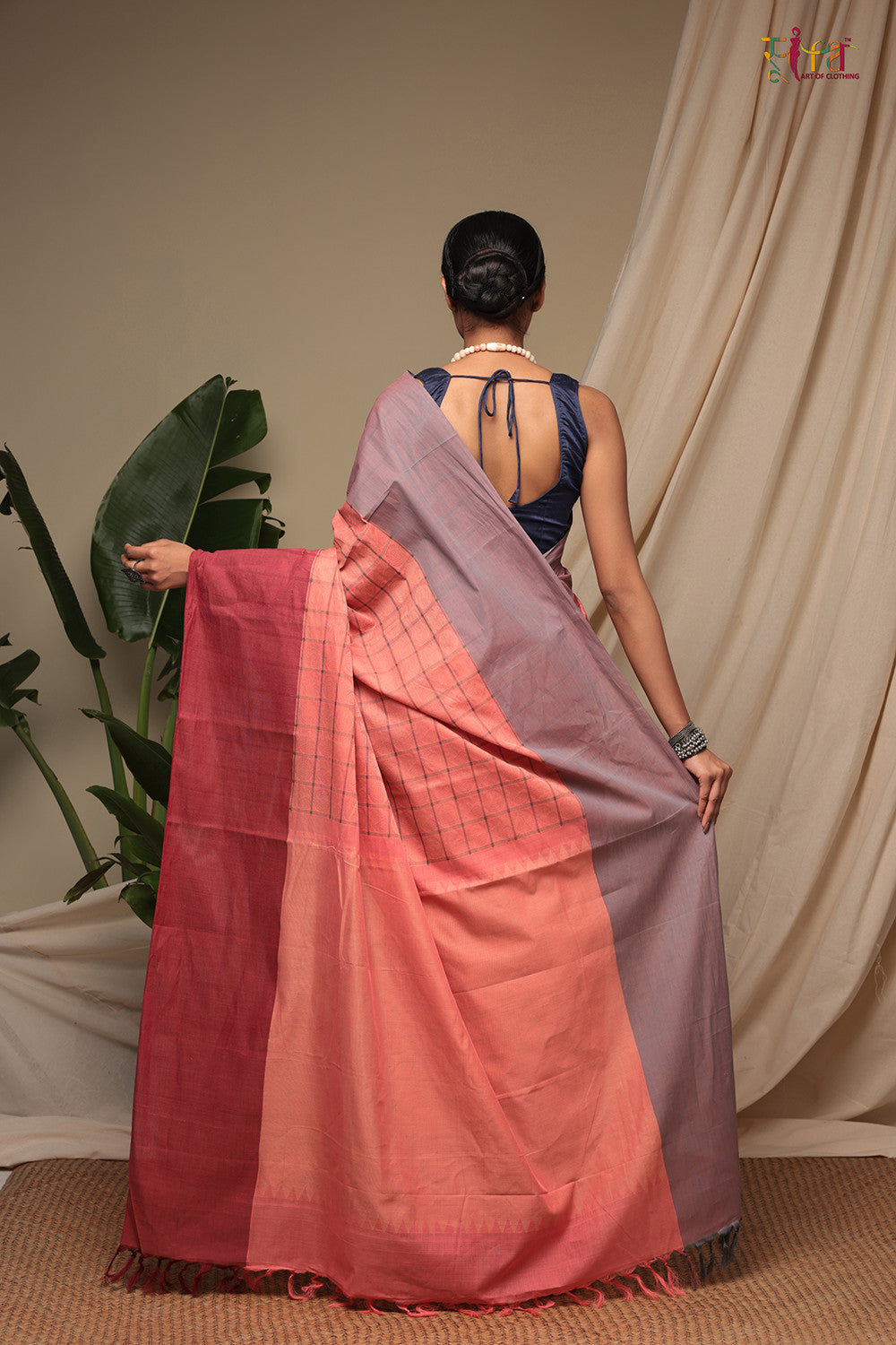 Handloom Salmon Pink Pure Cotton Kanchi Contemporary Saree