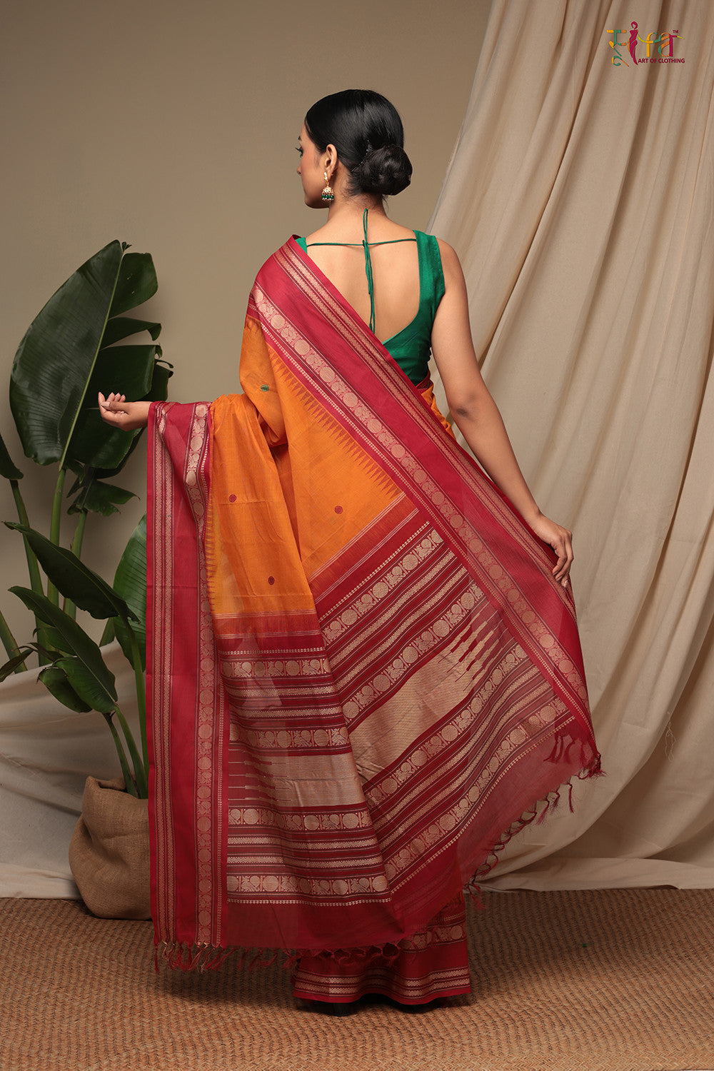 Handloom Metallic Orange Pure Cotton Kanchi Saree