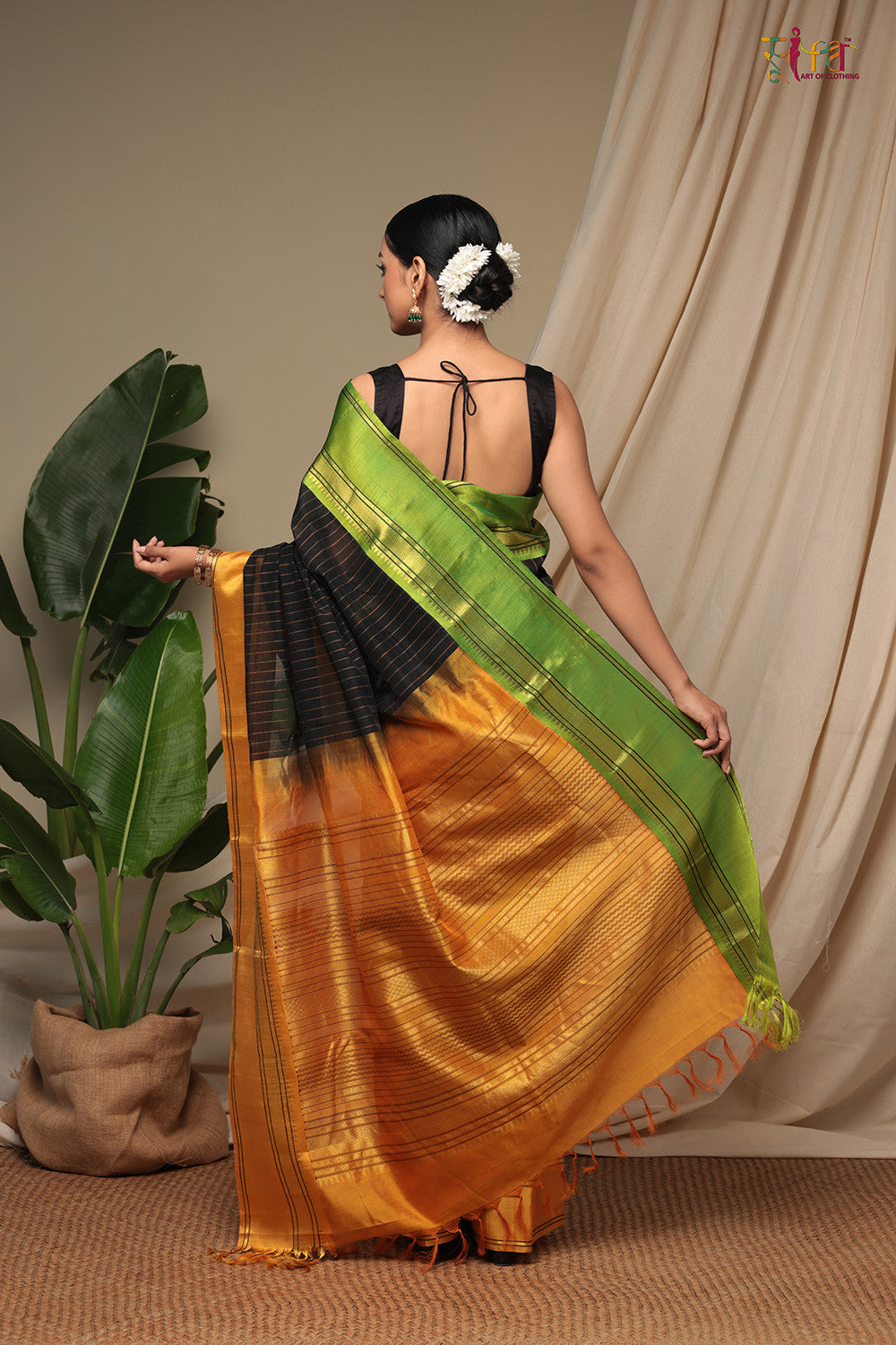 Handloom Black Pure Cotton Kanchi Saree With Pure Silk Border & Pallu