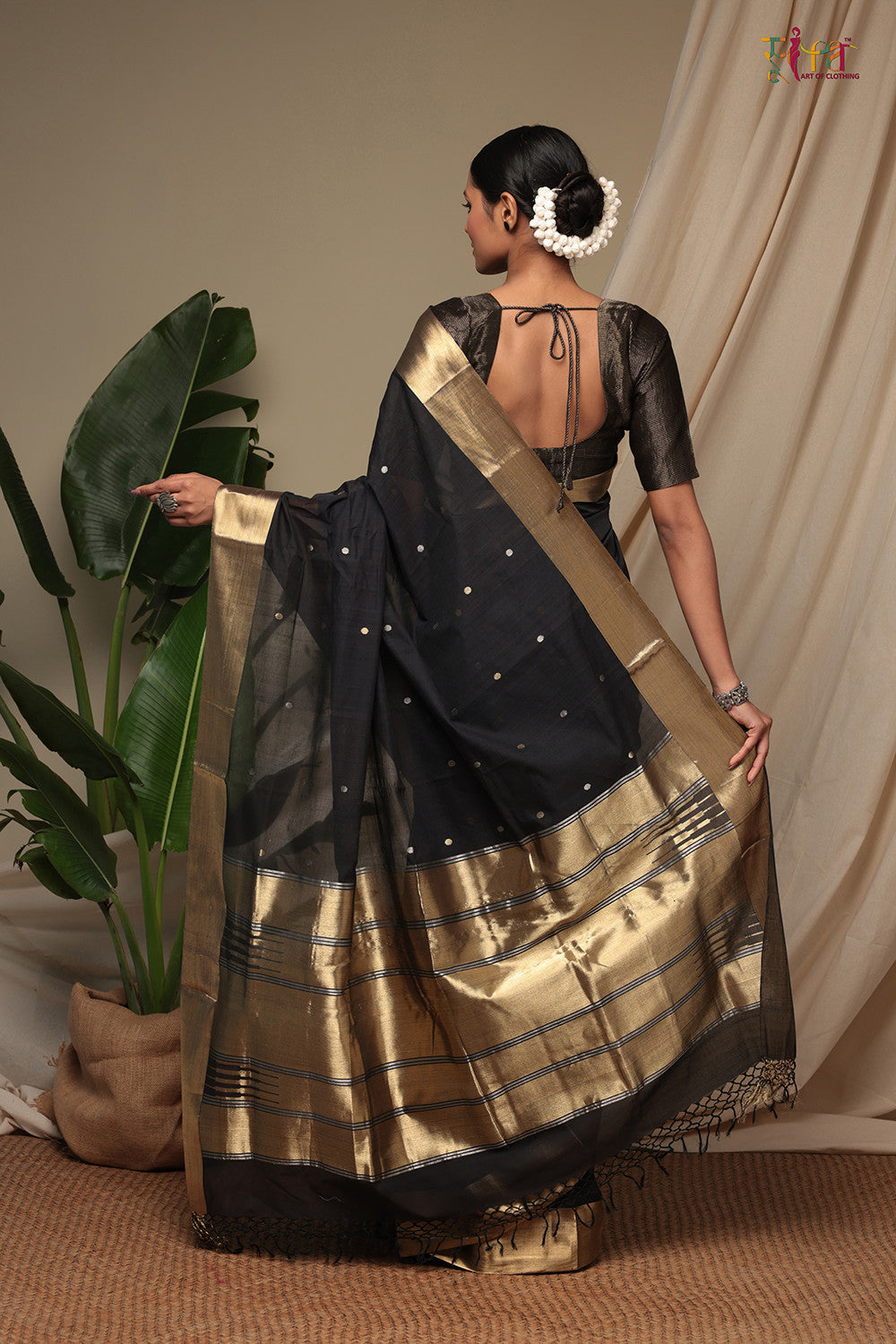 Handloom Ink Black Pure Cotton Kanchi Contemporary Saree With Golden Zari Motifs & Border