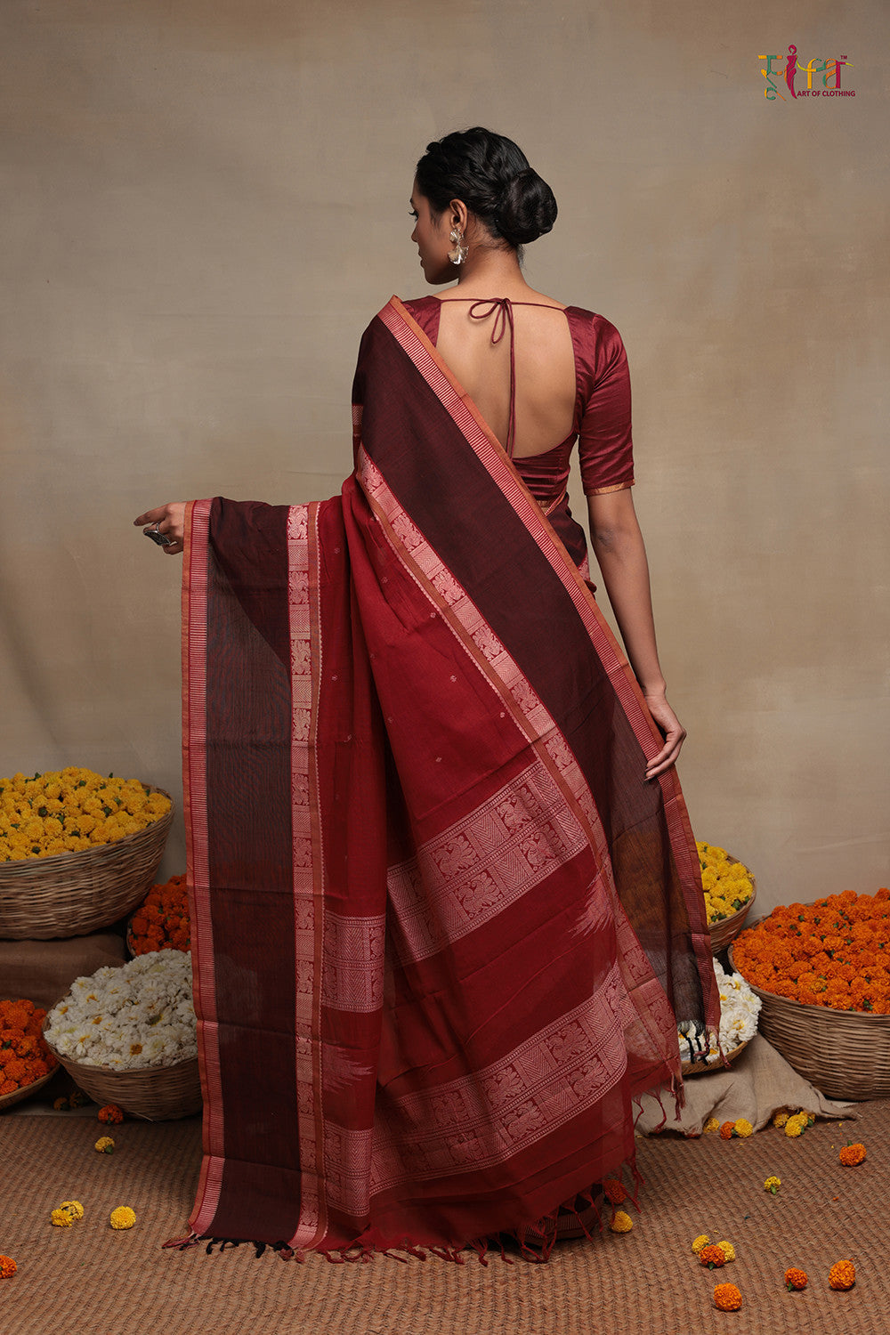 Handloom Mahogany Red Pure Cotton Kanchi Saree