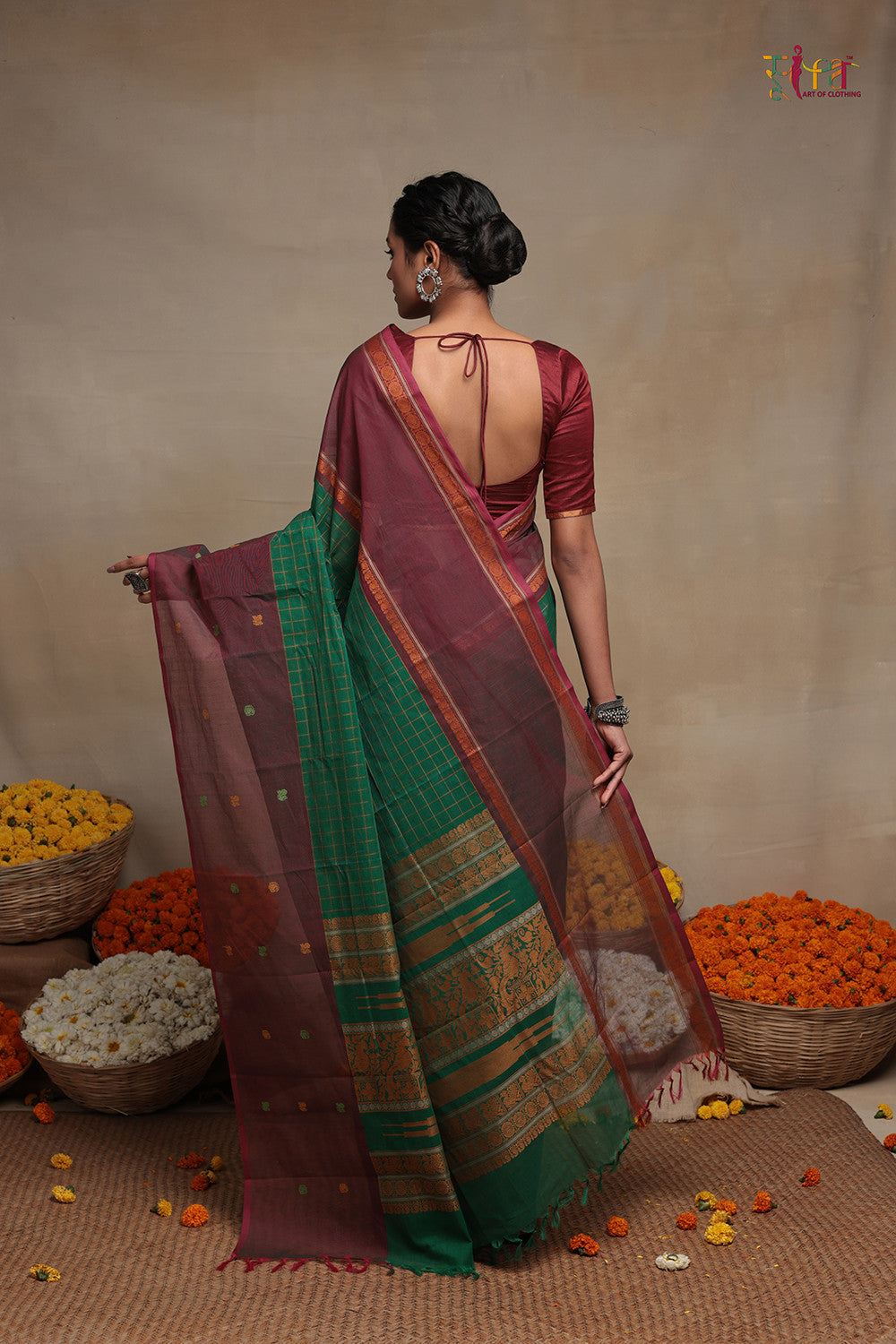 Handloom Green And Brown Pure Cotton Kanchi Saree