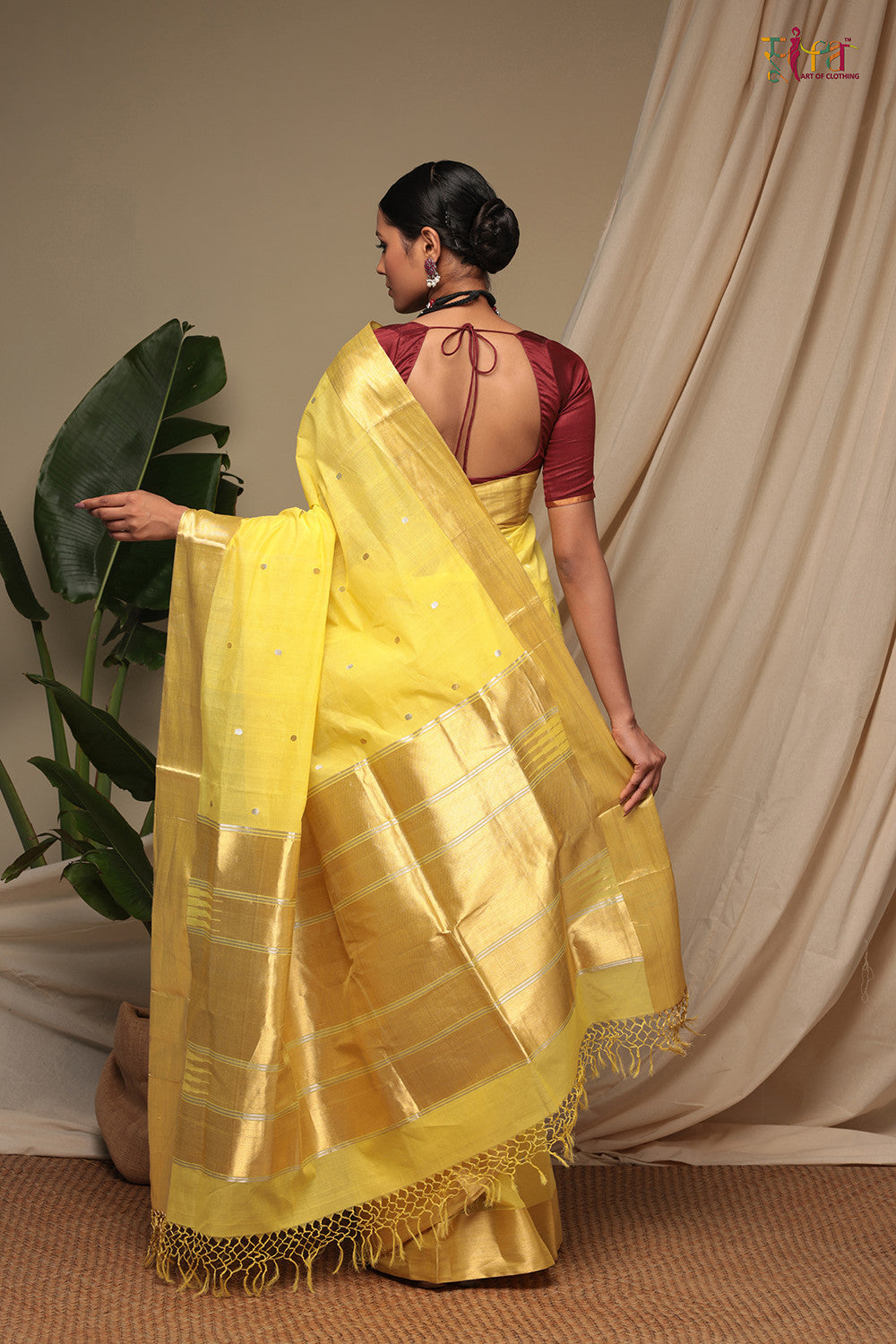 Handloom Yellow Pure Cotton Kanchi  Contemporary Saree With Golden Zari Motifs & Border