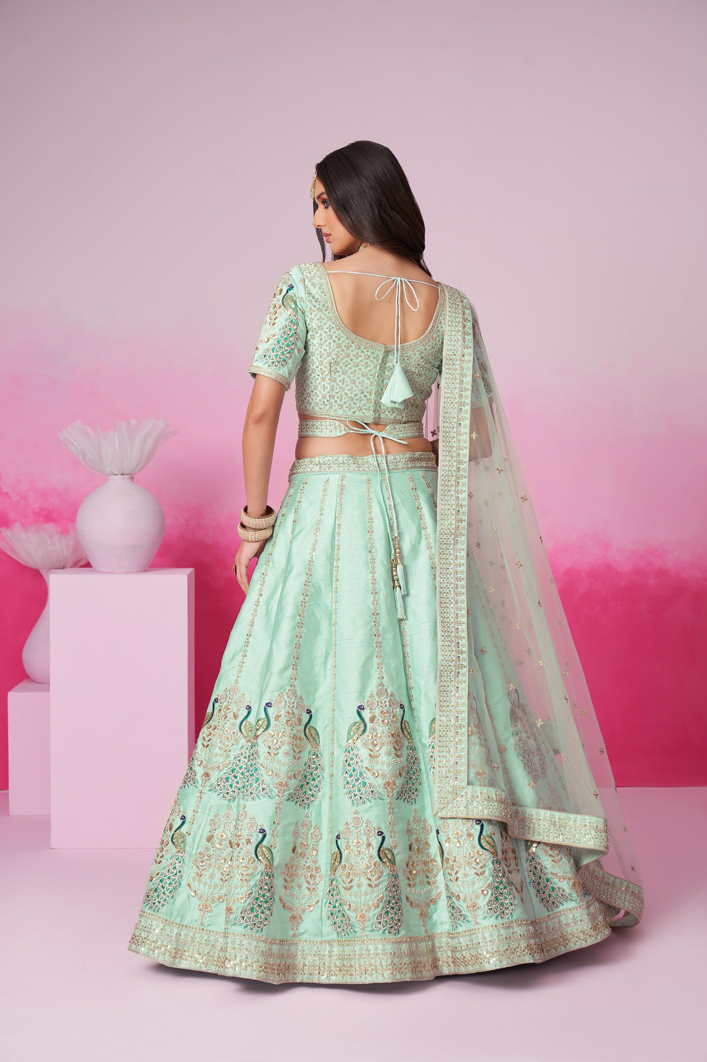 Sea Green Pure silk Sequins embroidery Bridal Lehenga choli