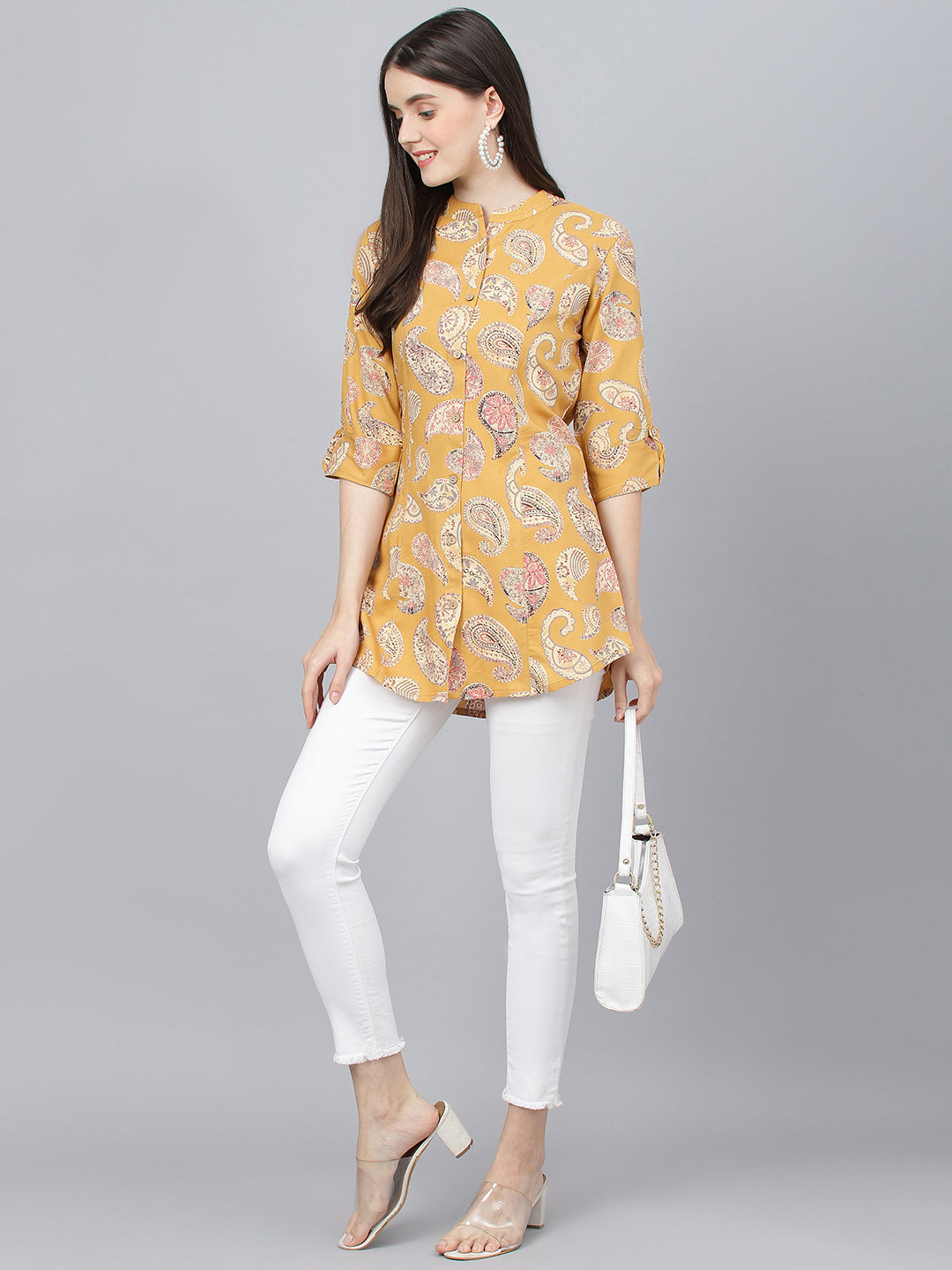 Mastard Yellow Print Mandarin Collar Roll-Up Sleeves Shirt Style Top