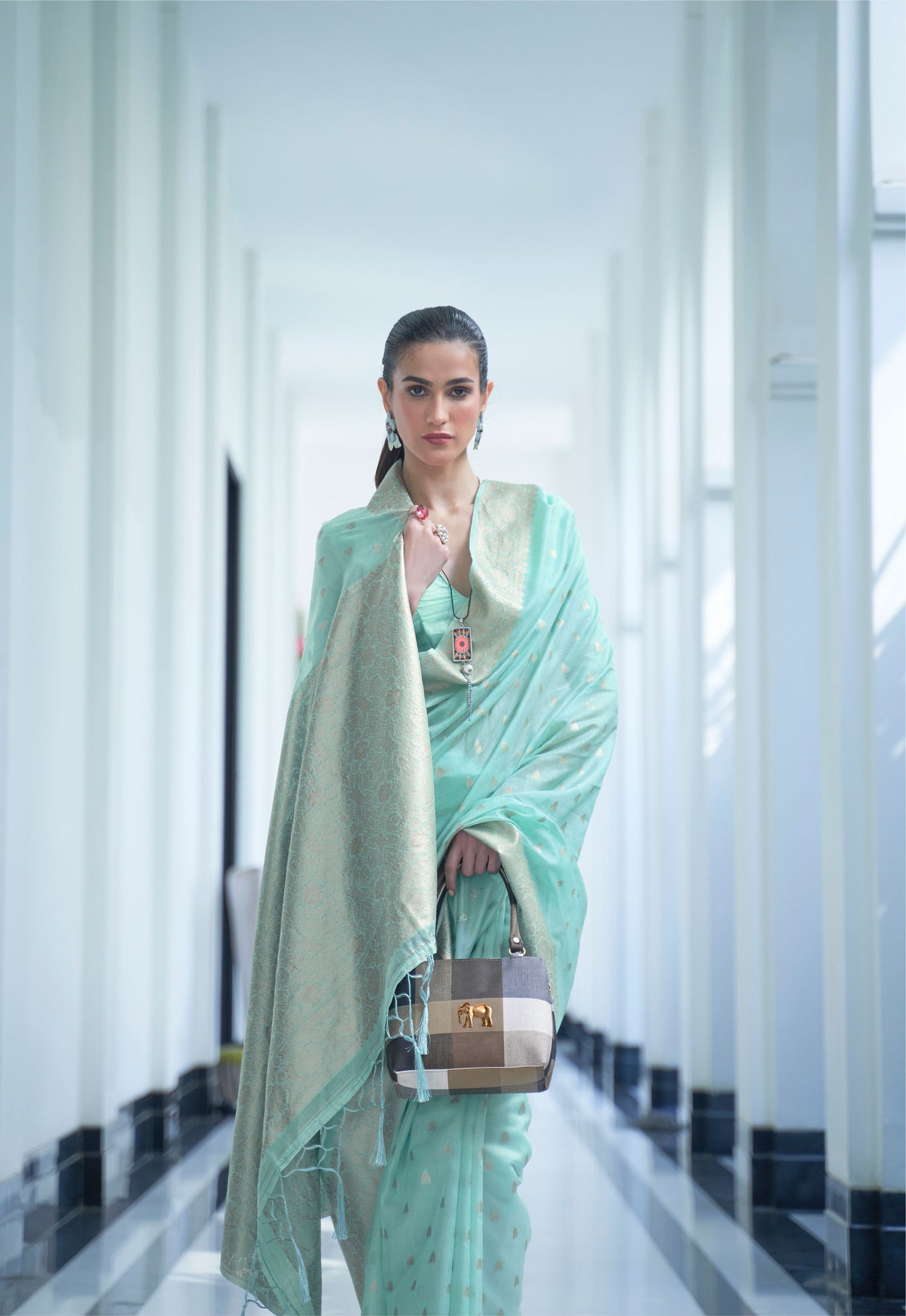 Mint Green Korah Modal Mukaish Handloom Saree