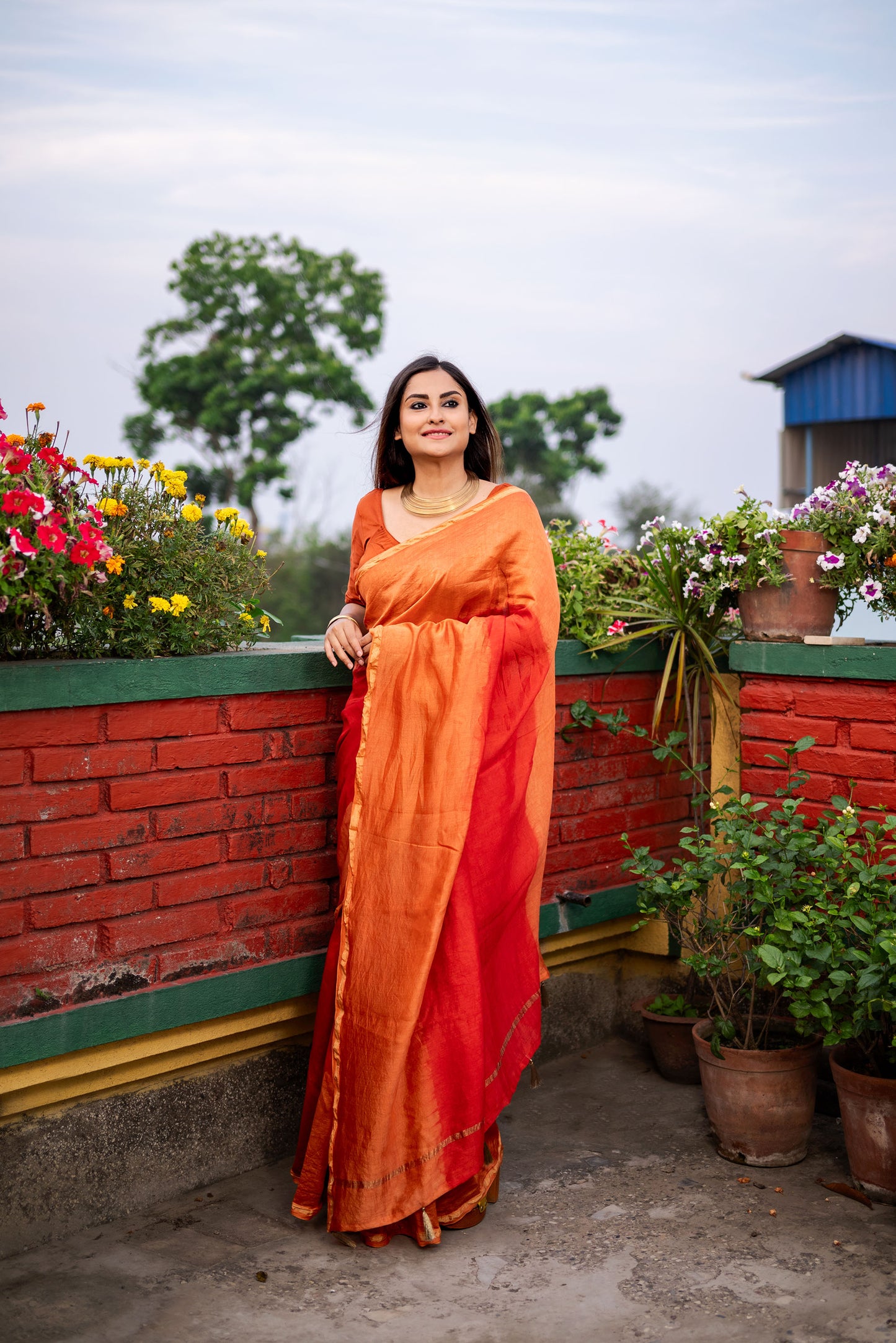 Red and Orange ombre chanderi silk saree