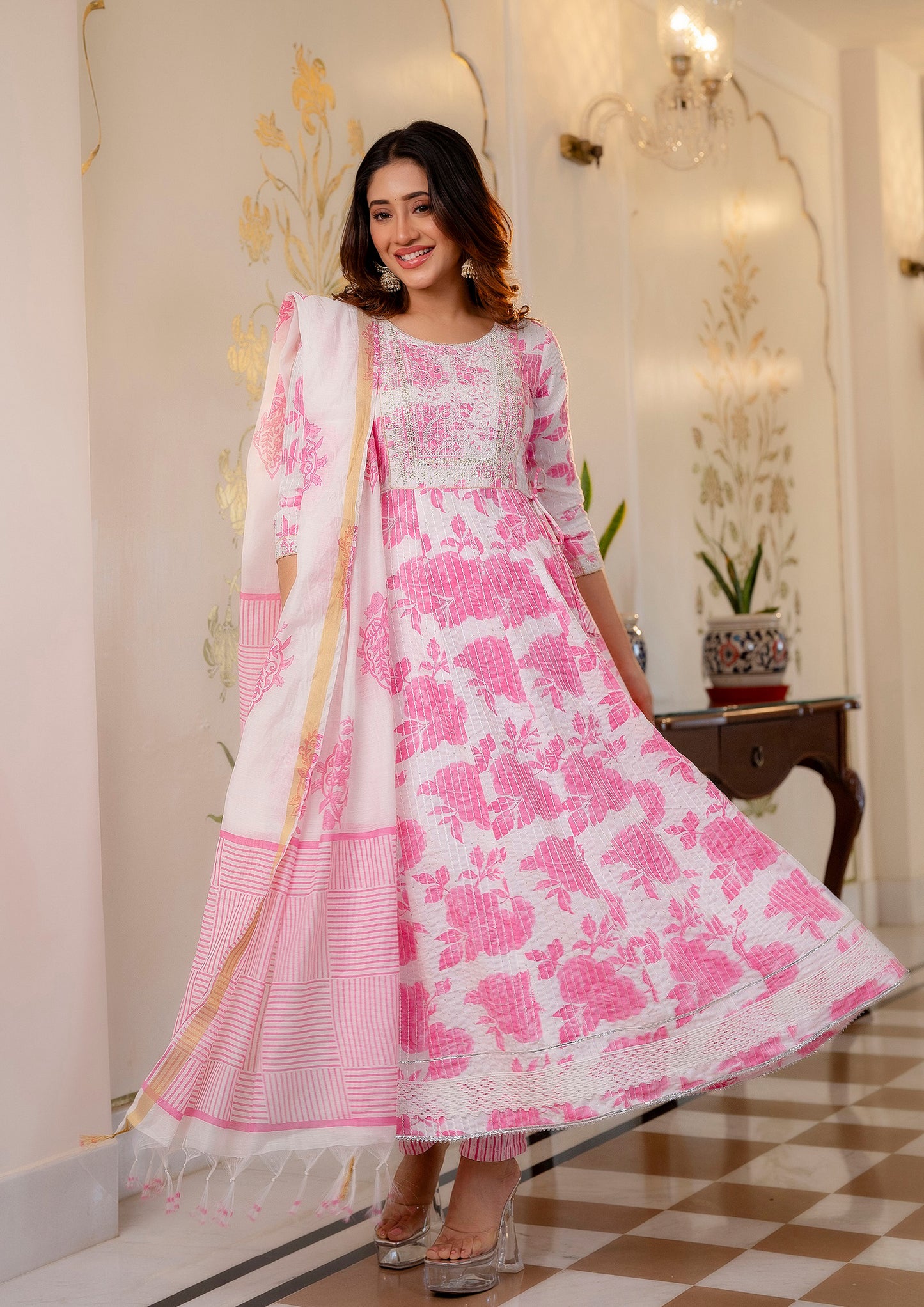 Rosy Women Pink And White Printed Viscose Rayon Kurta, Pant And Dupatta Set