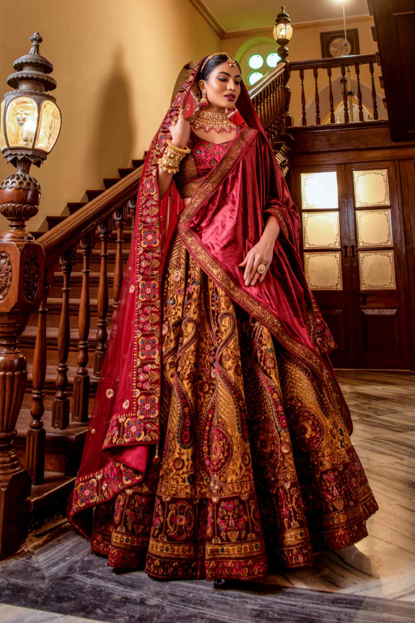 Red Velvet Sequins Embroidered Indian Bridal lehenga