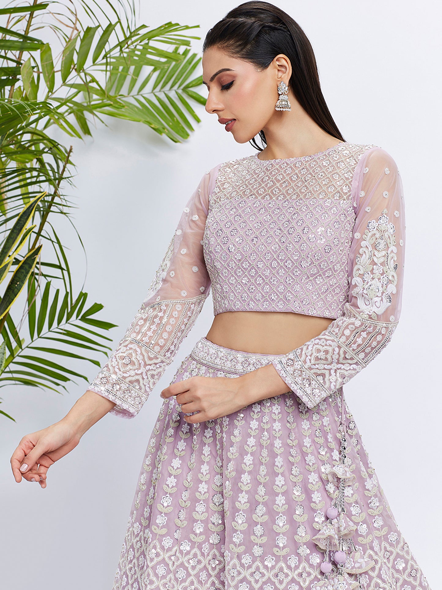 Lavender Net Sequins and thread embroidery Lehenga choli