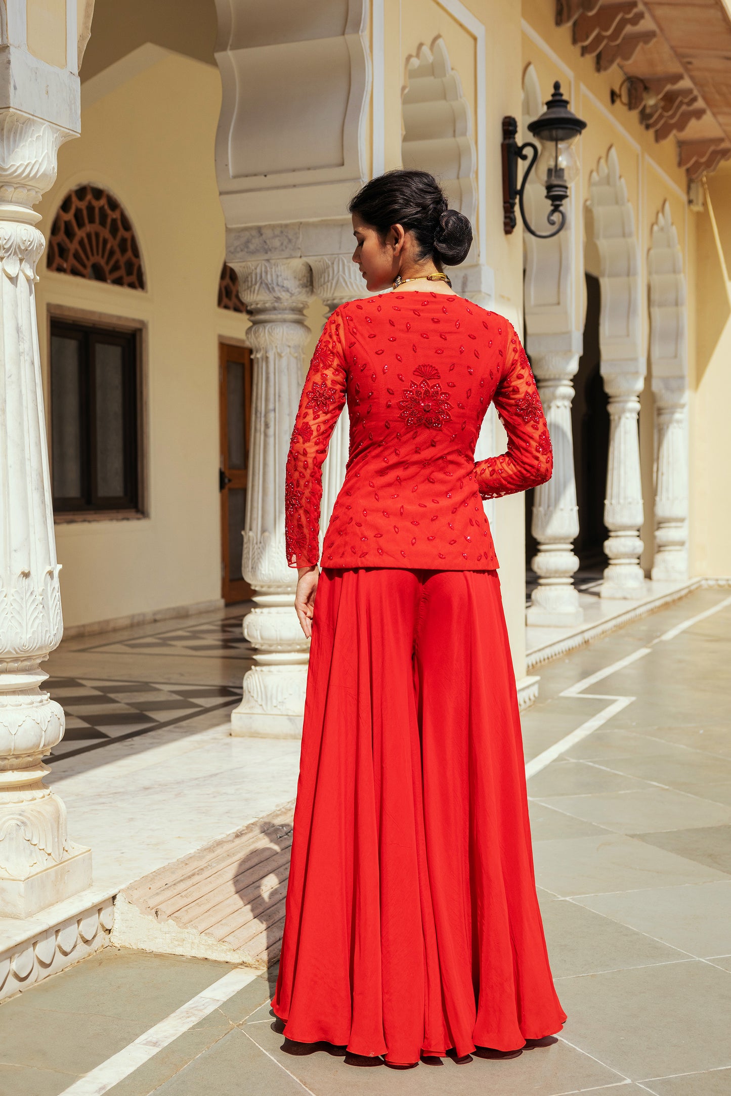 Nimra Red Net Zardosi Embroidered Ajooba Sharara Set