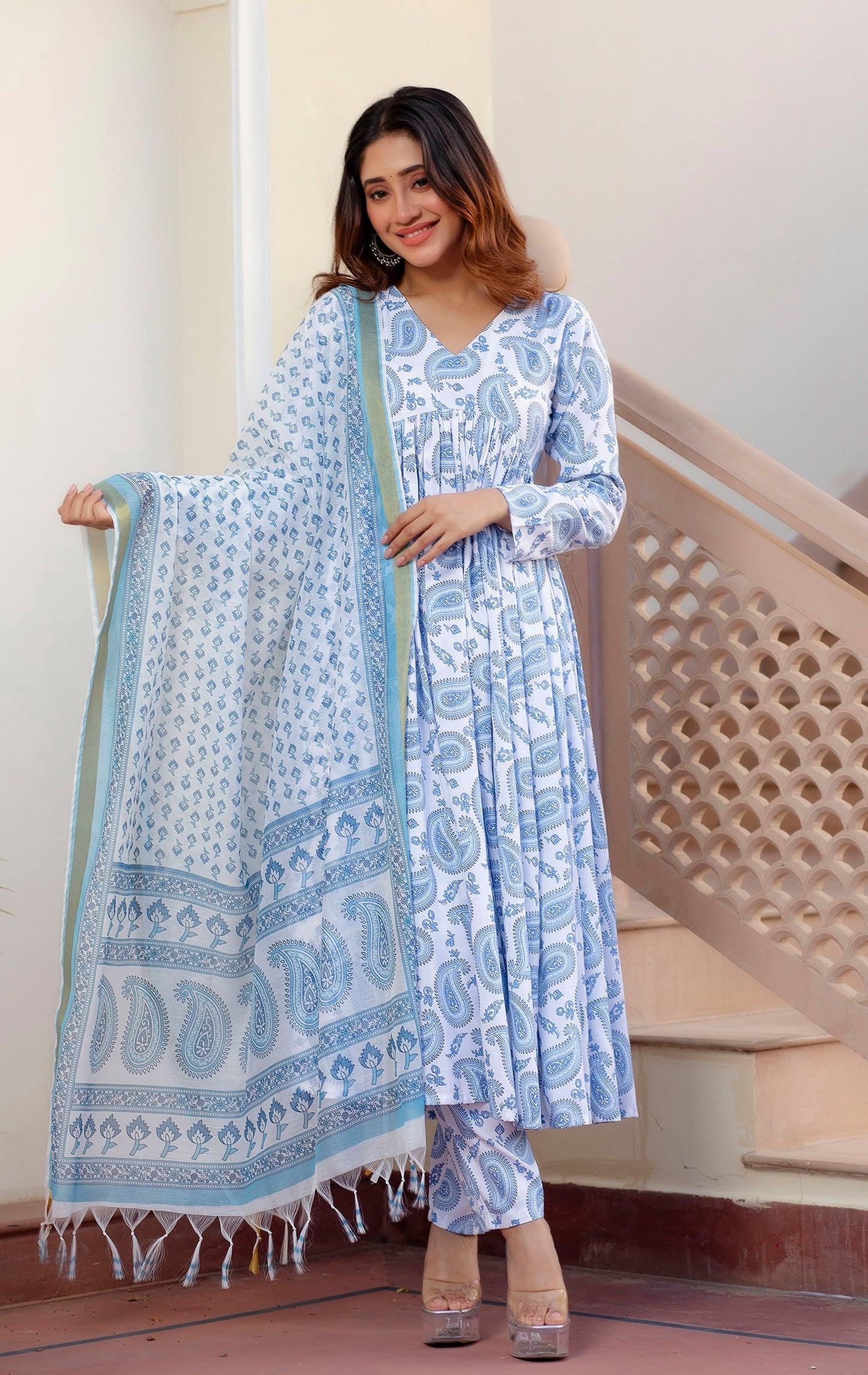 Pallavi Women Sky Blue Printed Viscose Rayon Kurta, Pant And Dupatta Set