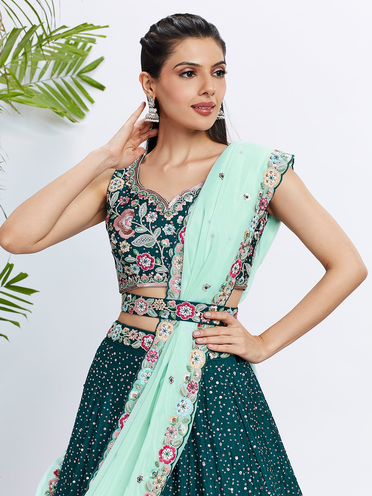 Green Pure Chiffon Sequins and thread embroidery Lehenga choli