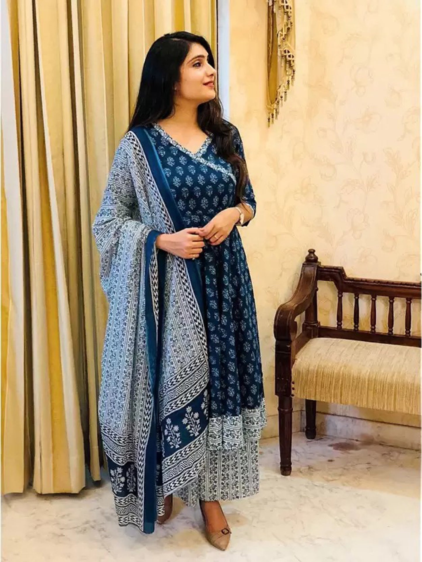 Riya Women Blue Printed Viscose Rayon Kurta And Palazzo Set