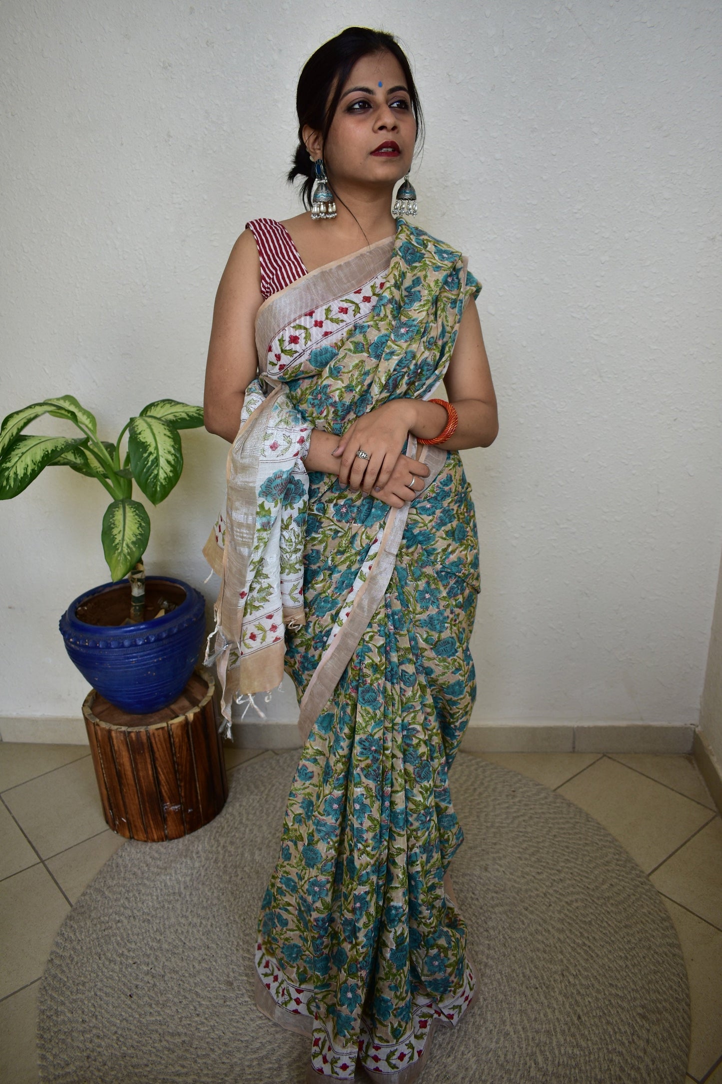 Delphinium - Green Handblock Print Natural Dyed - Linen Cotton Saree