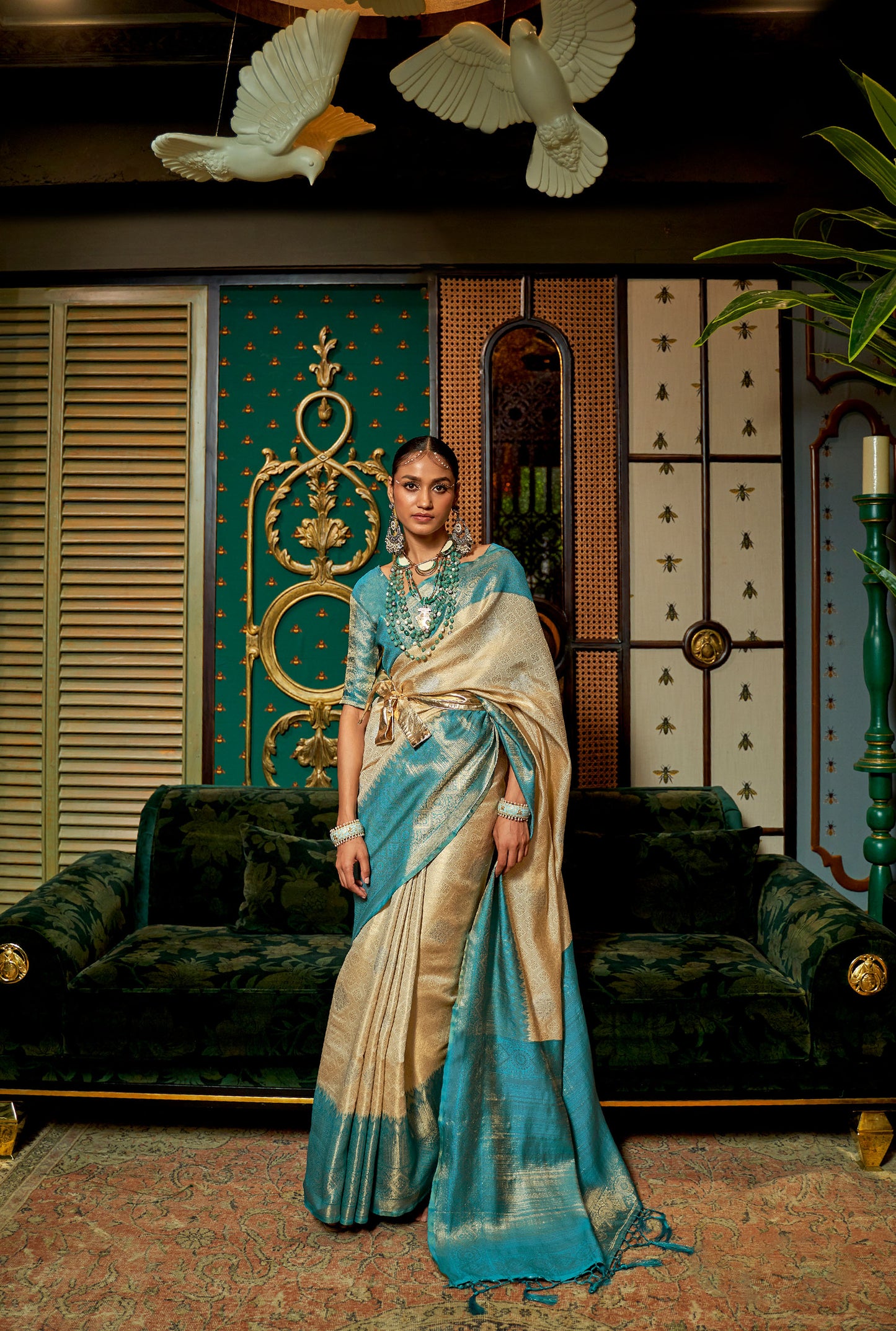 Beige and Turquoise Kanishka Zari Handloom Silk Saree