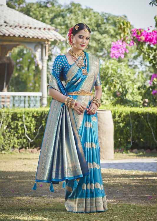 Blue Color Gold Zari Butta Silk Saree