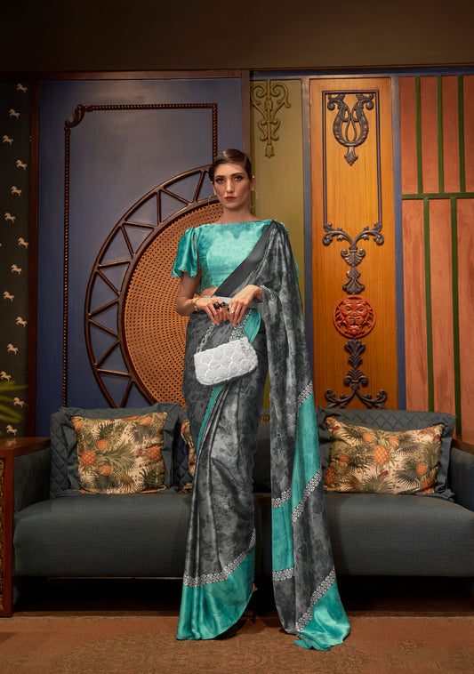 Grey Kalizey Printed Japan Satin Saree