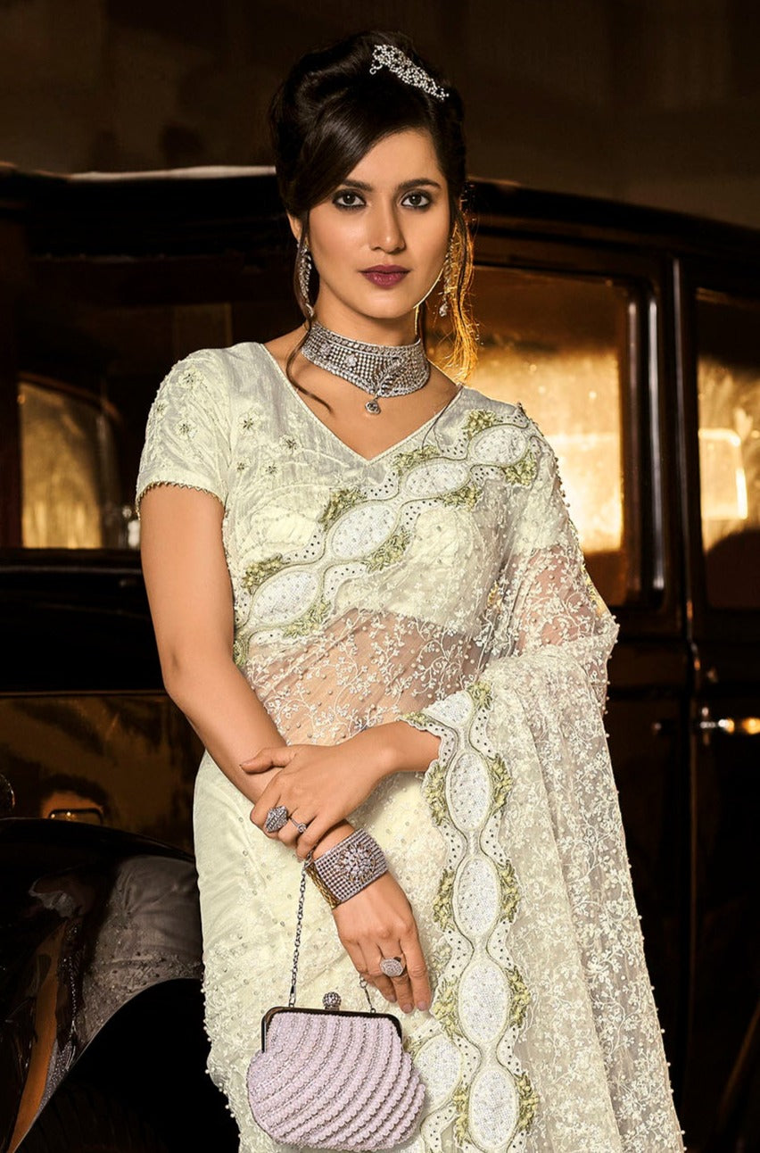 White Digital Net Saree with Heavy Moti Embroidery