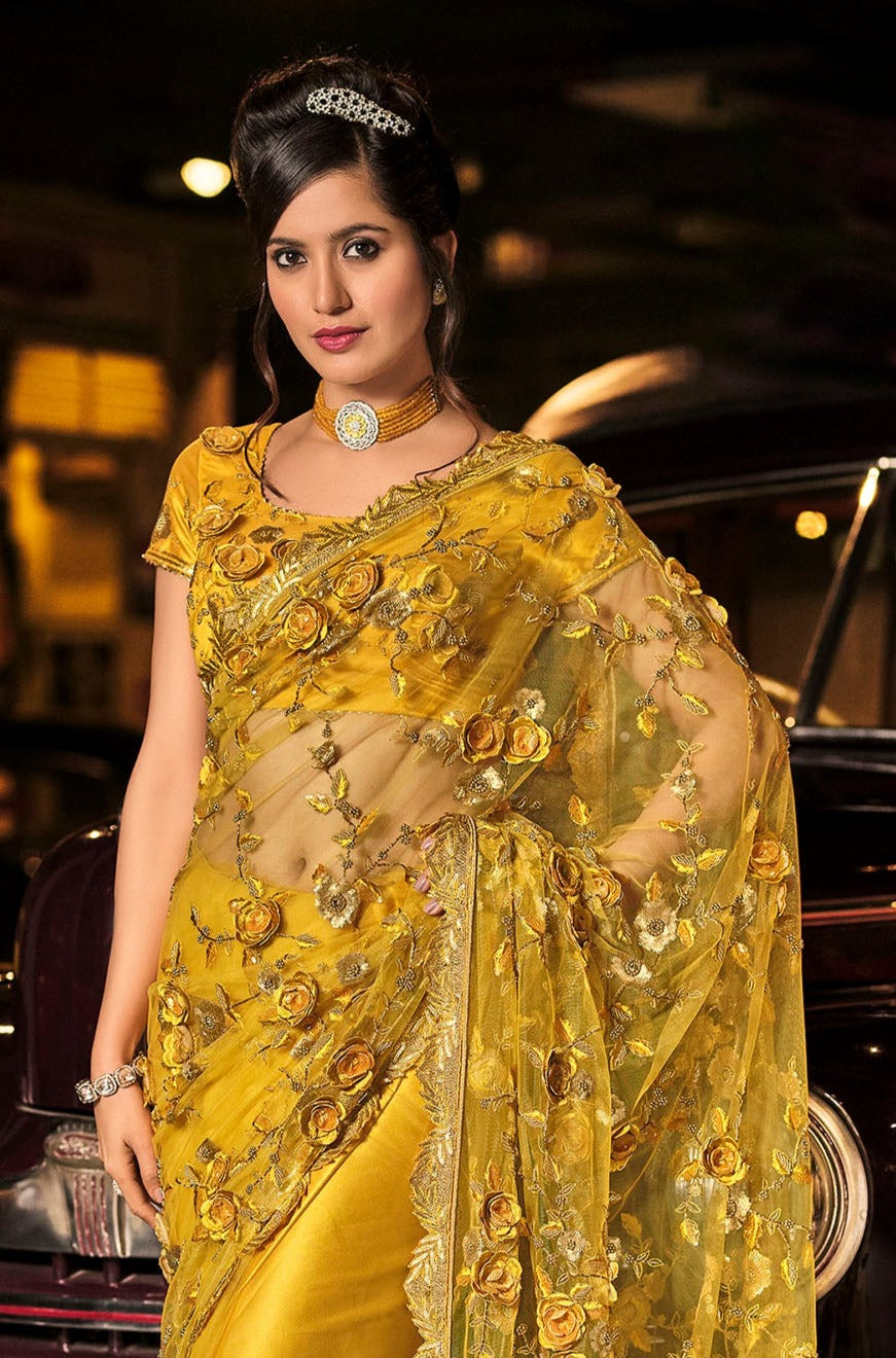 Mustard Color Handmade Flower Work Digital Net Saree