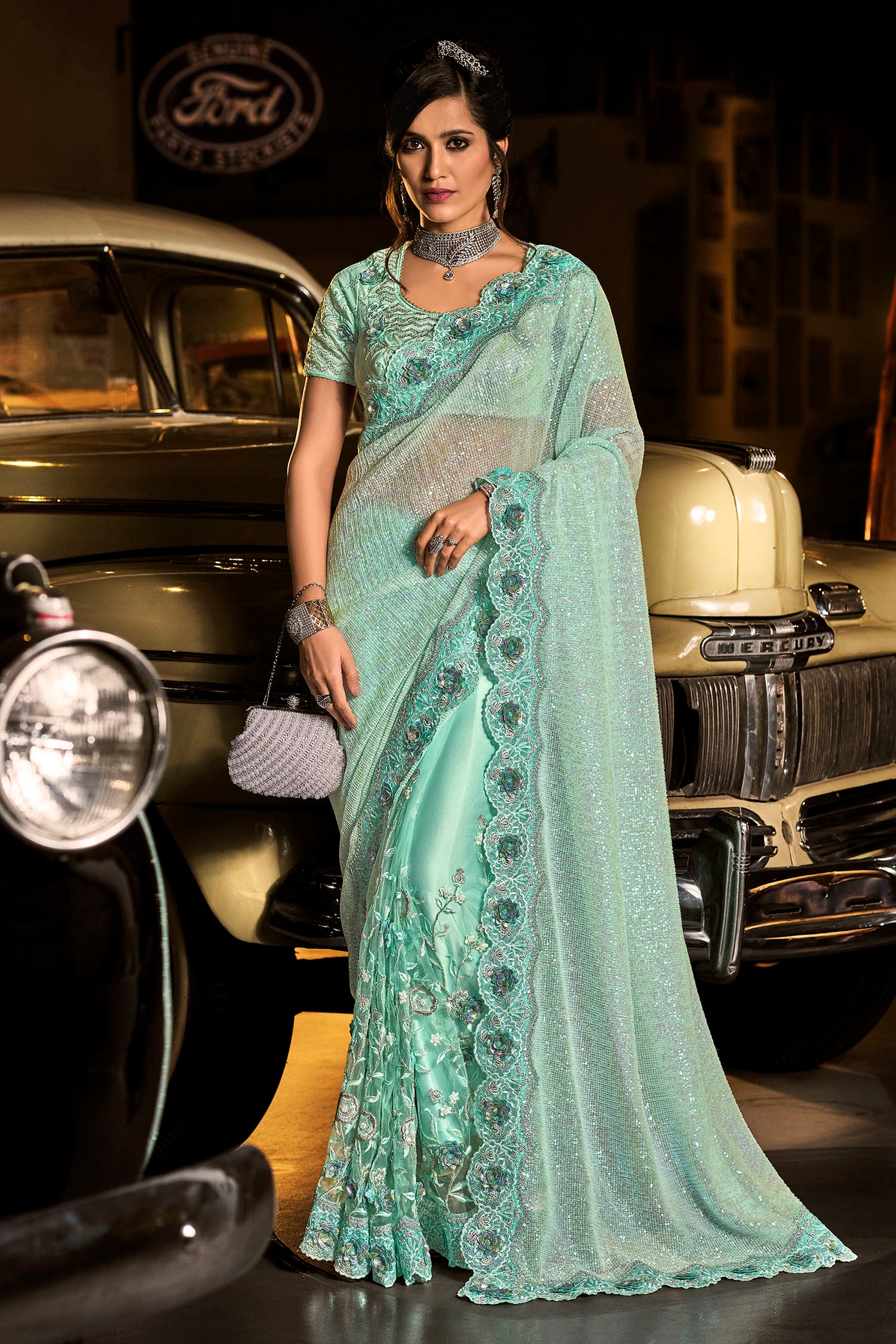 Sea Green Cutdana Work Digital Net Partywear Saree