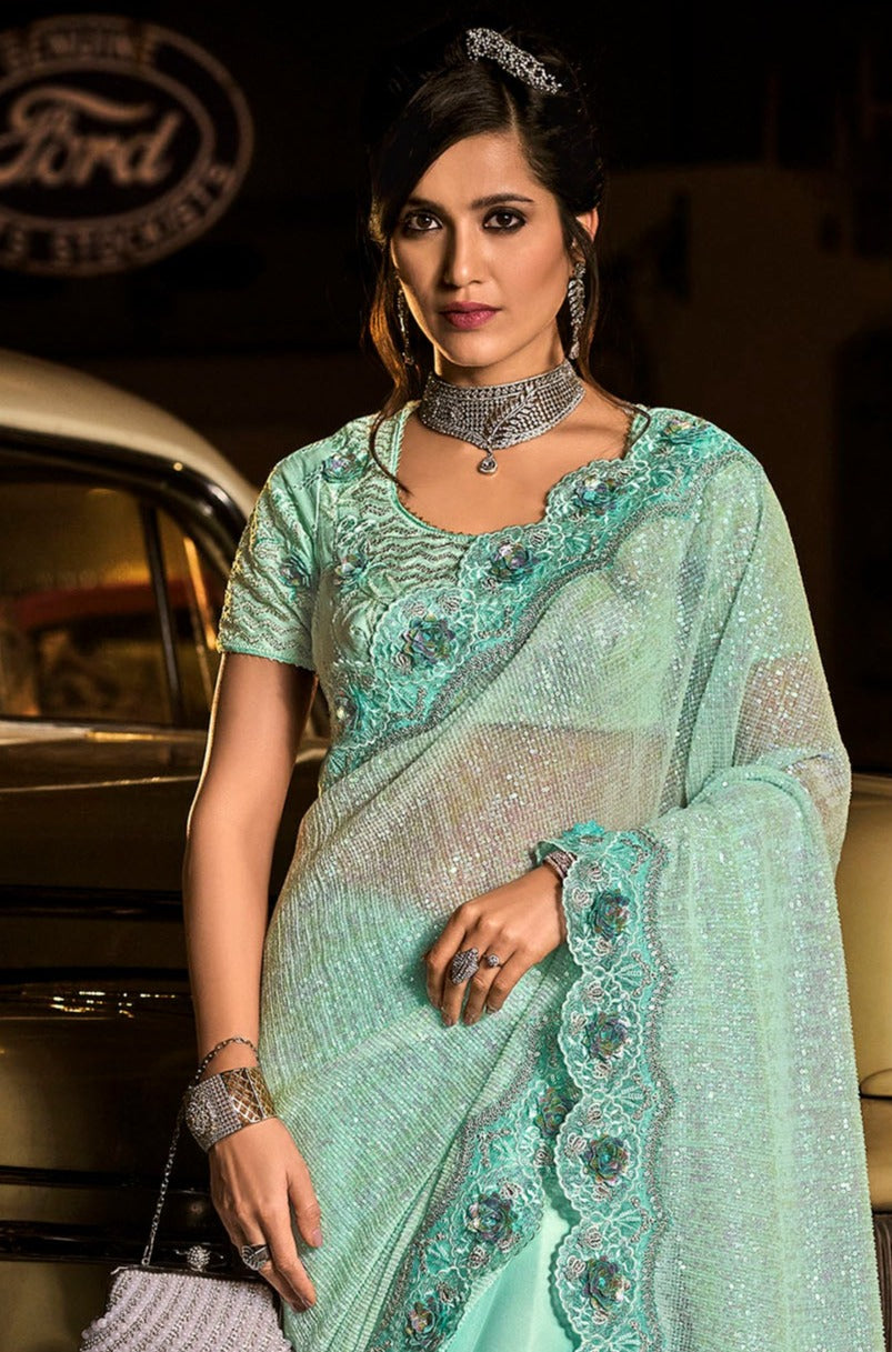 Sea Green Cutdana Work Digital Net Partywear Saree