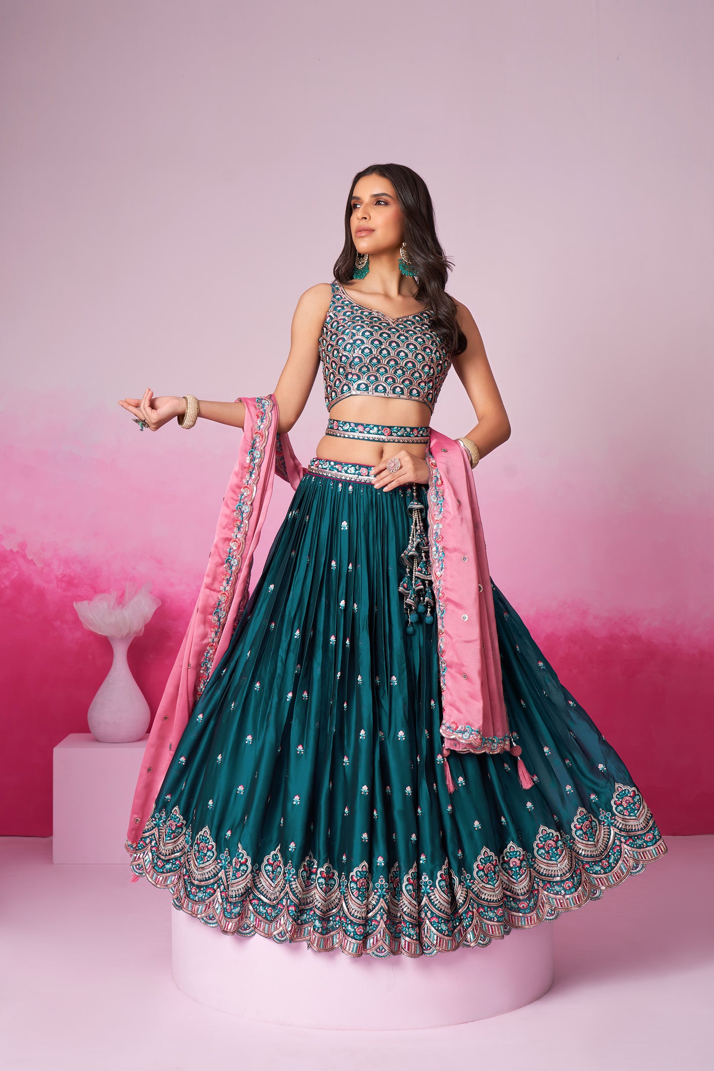 Teal Pure Georgette Sequin embroidery Lehenga choli & Dupatta