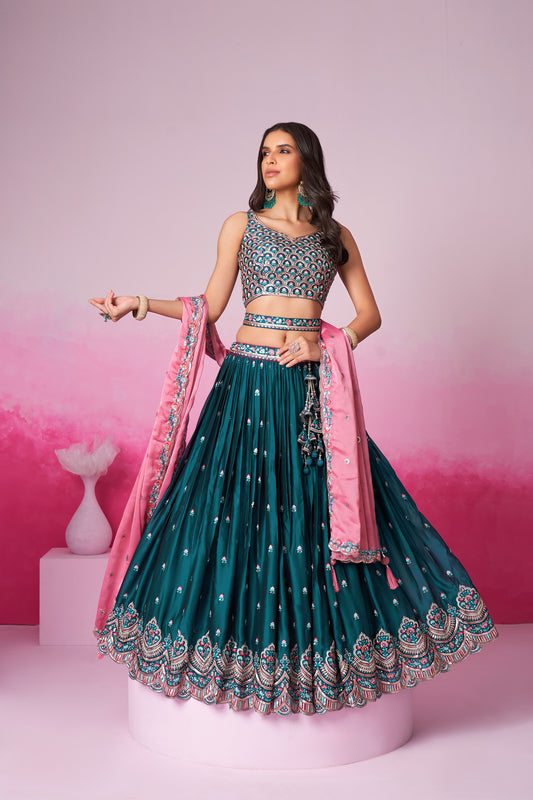 Teal Pure Georgette Sequin embroidery Lehenga choli & Dupatta