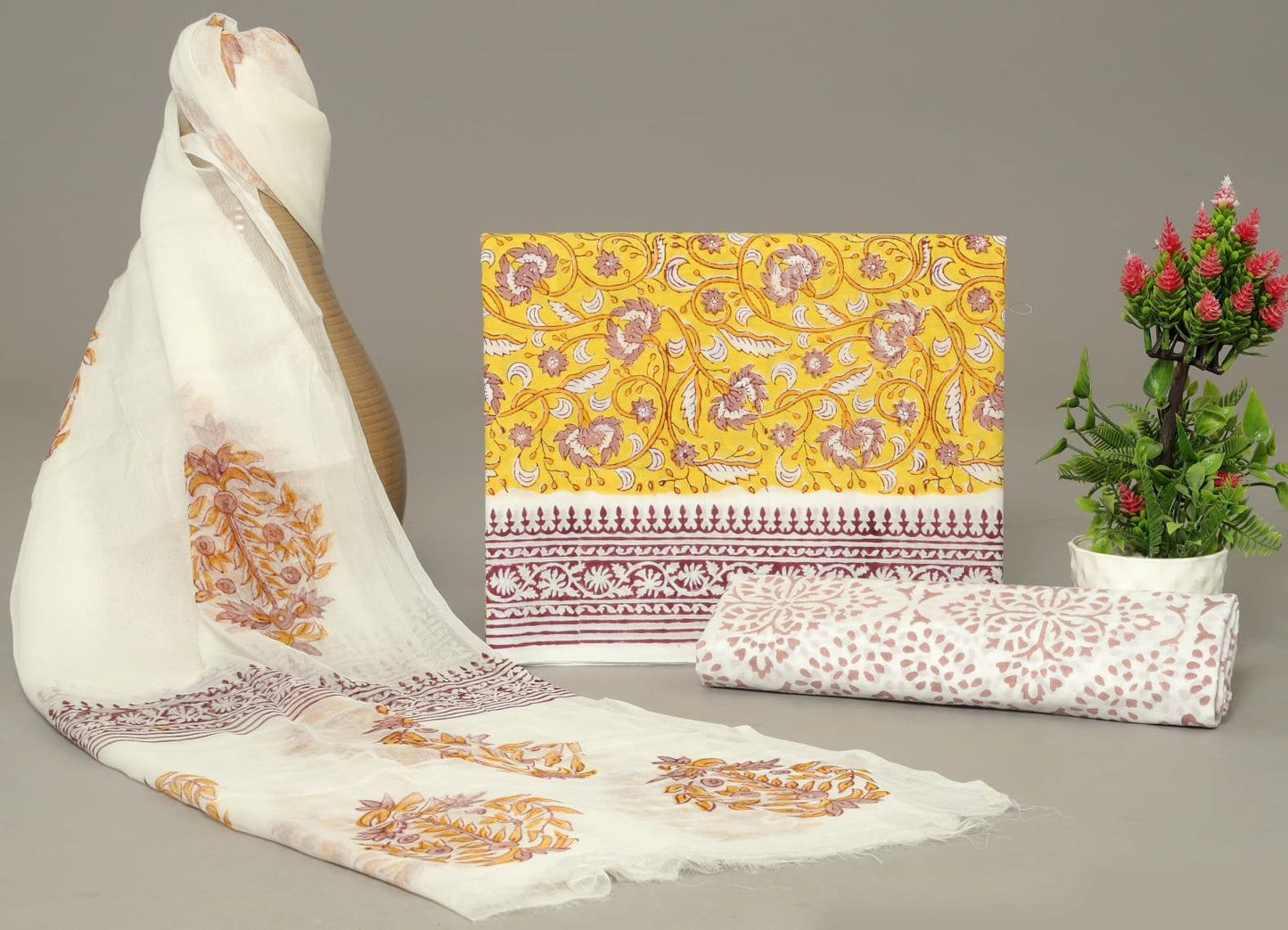 Cotton Handblock Print Suits with Chiffon Dupatta