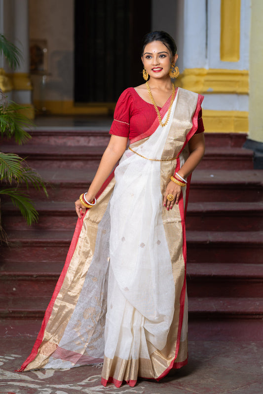 Handloom White Pure Linen Jamdani Saree with Gold Zari Border