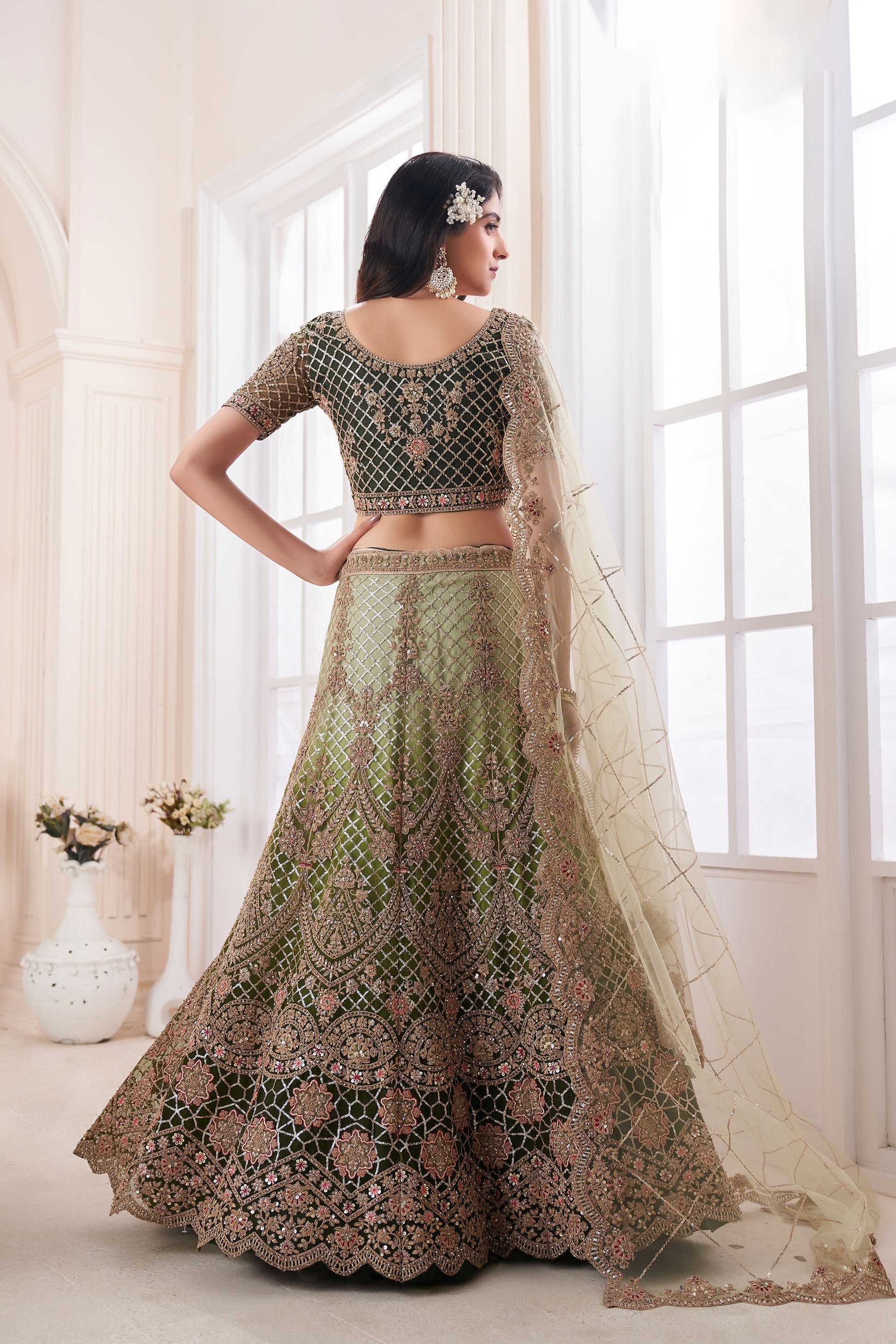 Olive Green Dori Embroidered Net Lehenga for Engagement