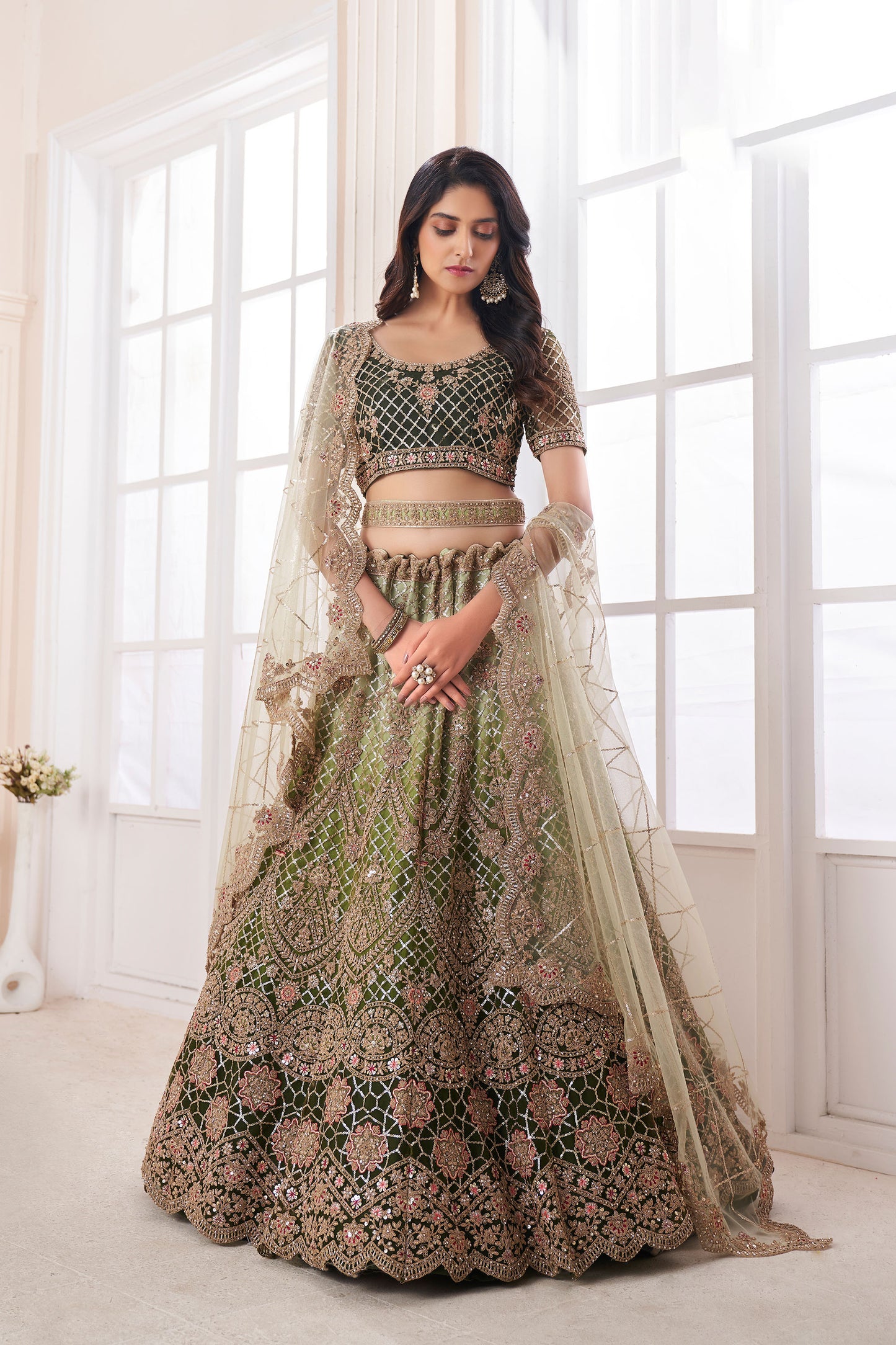 Olive Green Dori Embroidered Net Lehenga for Engagement