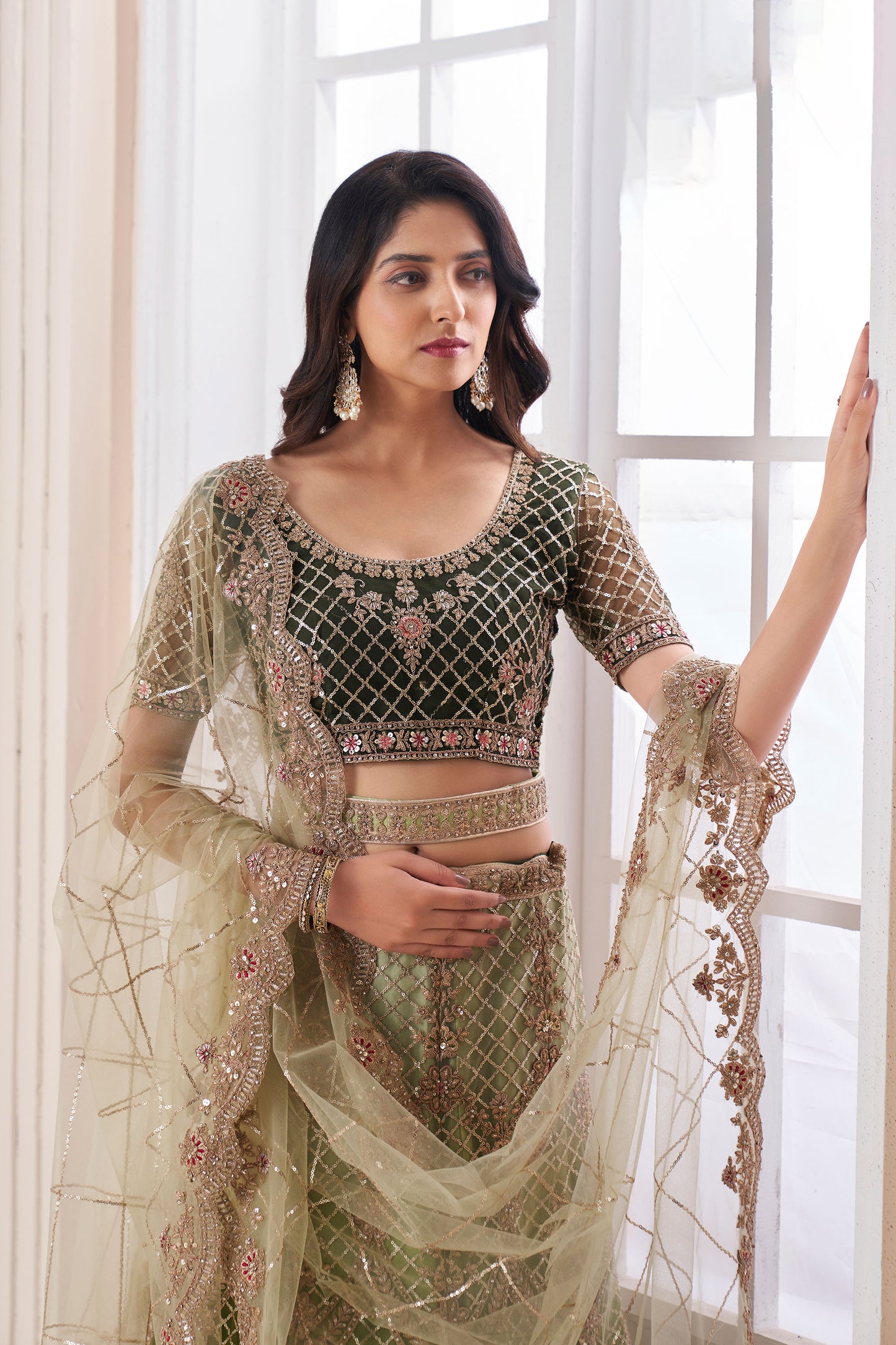 Olive Green Dori Embroidered Net Lehenga for Engagement