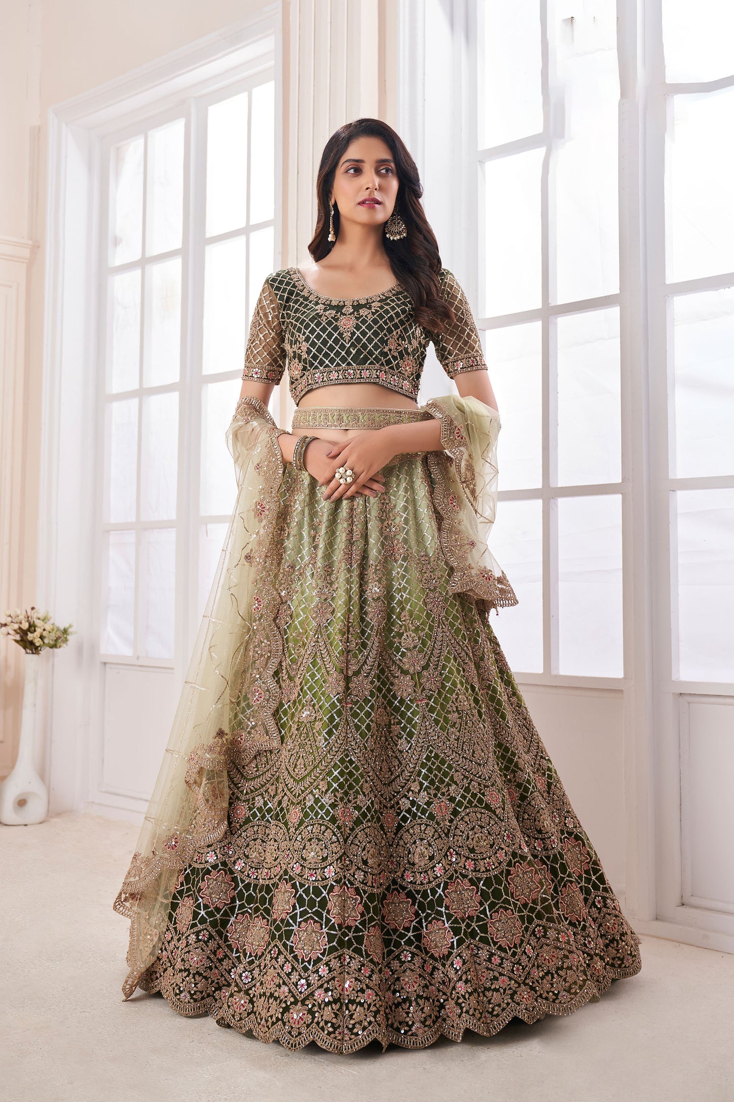 Olive Green Dori Embroidered Net Lehenga for Engagement