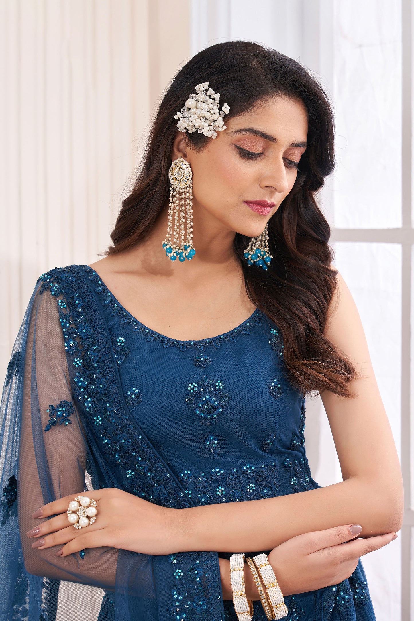 Dark Blue Dori Embroidered Net Lehenga for Engagement