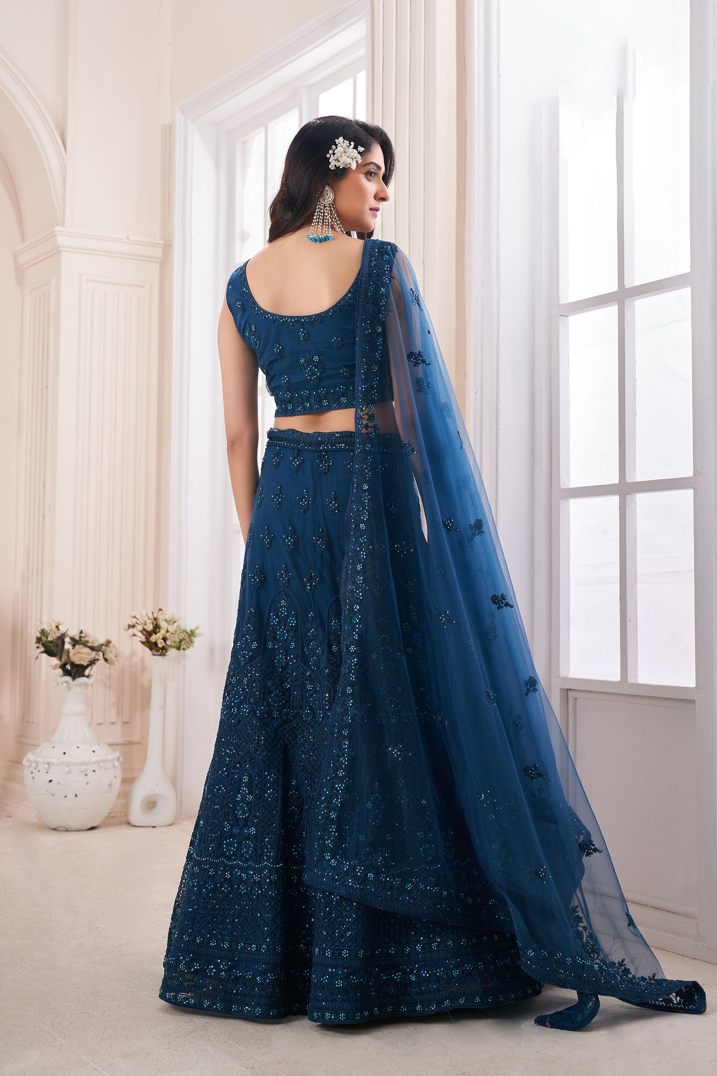 Dark Blue Dori Embroidered Net Lehenga for Engagement