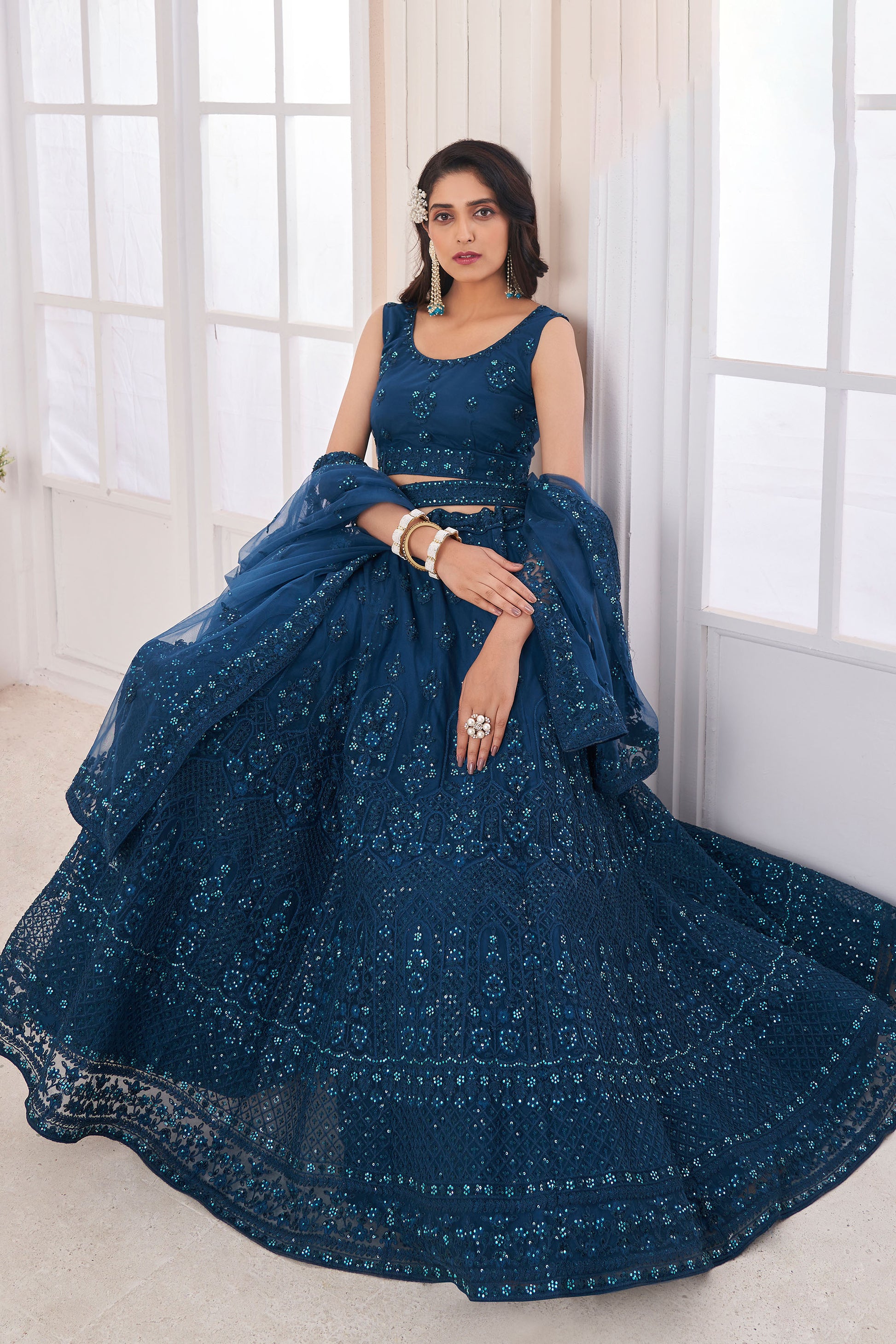 Dark Blue Dori Embroidered Net Lehenga for Engagement