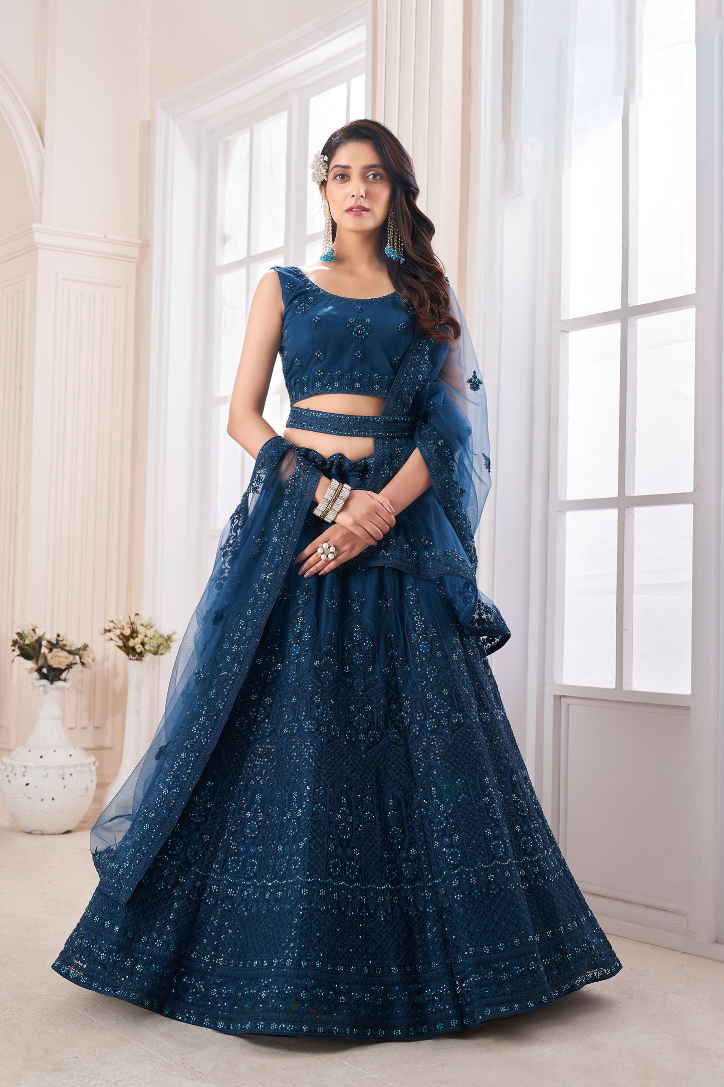 Dark Blue Dori Embroidered Net Lehenga for Engagement