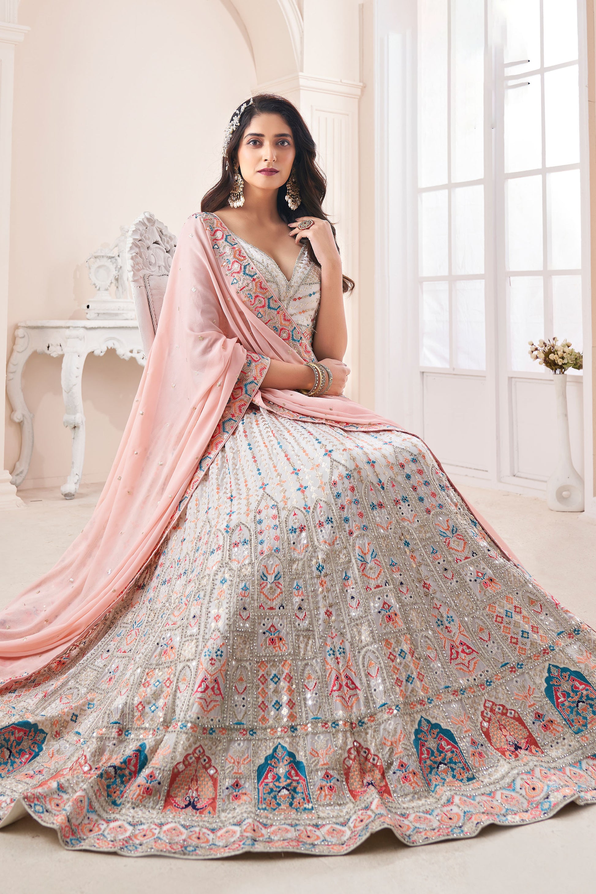 Off White Dori Embroidered Georgette Lehenga for Engagement