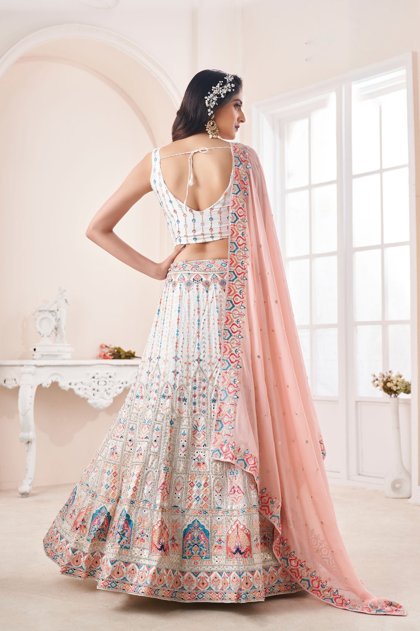 Off White Dori Embroidered Georgette Lehenga for Engagement