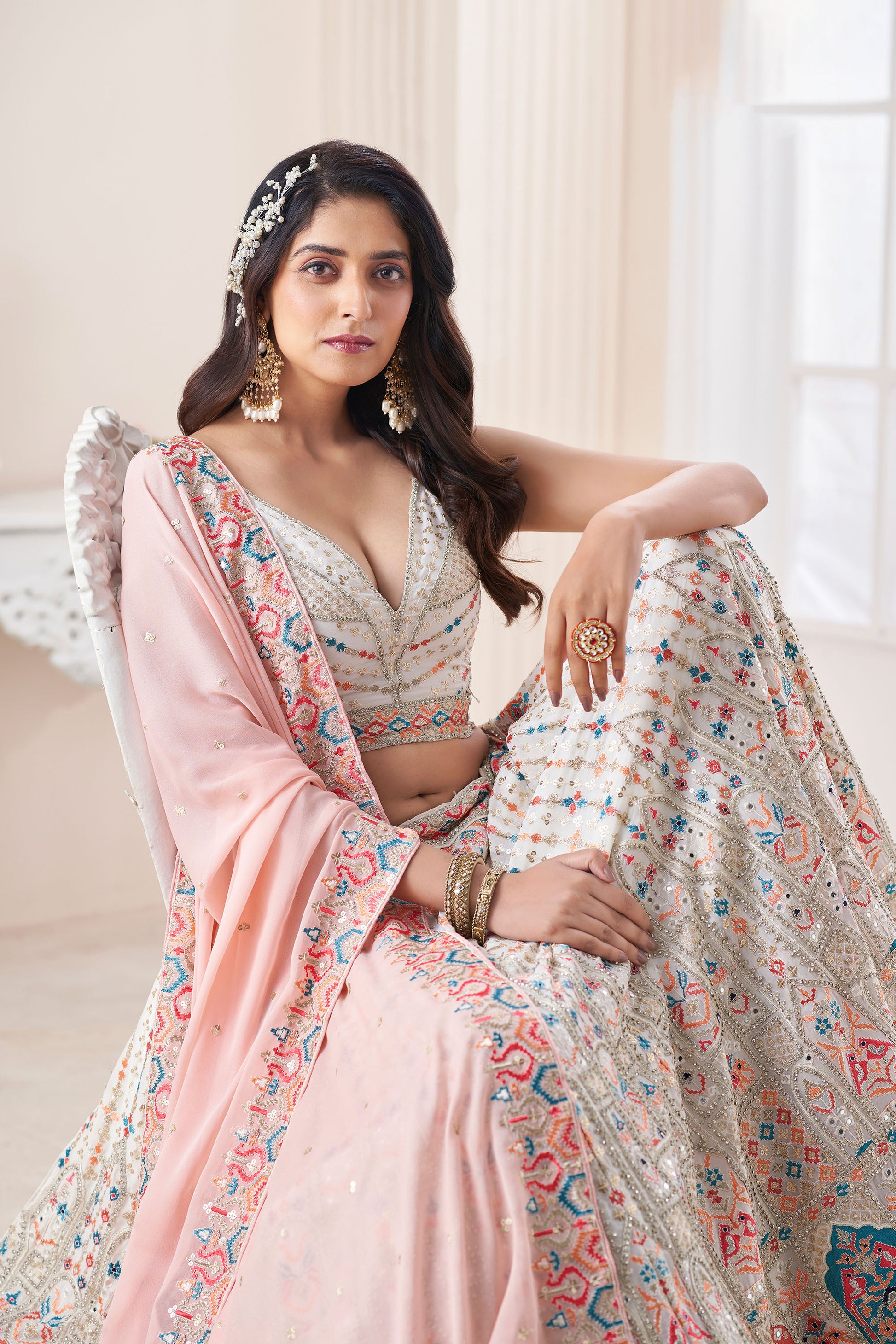 Off White Dori Embroidered Georgette Lehenga for Engagement