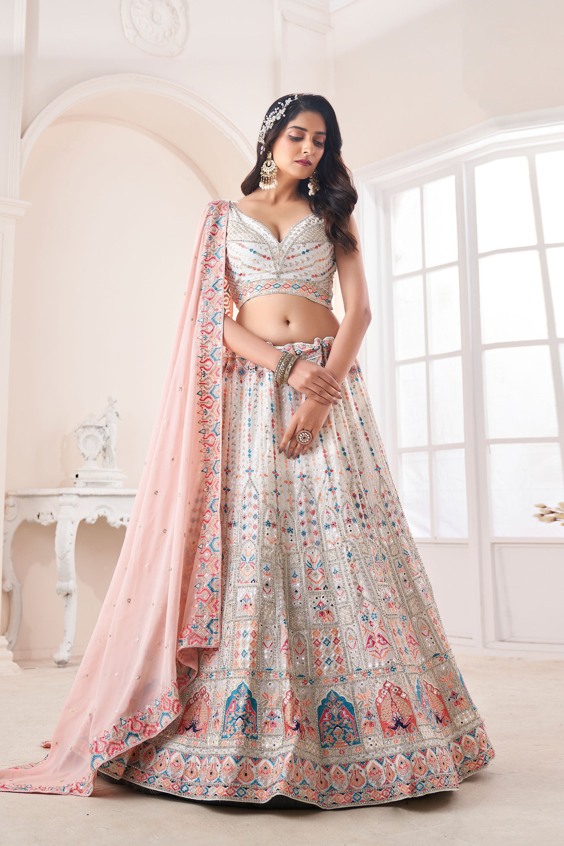 Off White Dori Embroidered Georgette Lehenga for Engagement