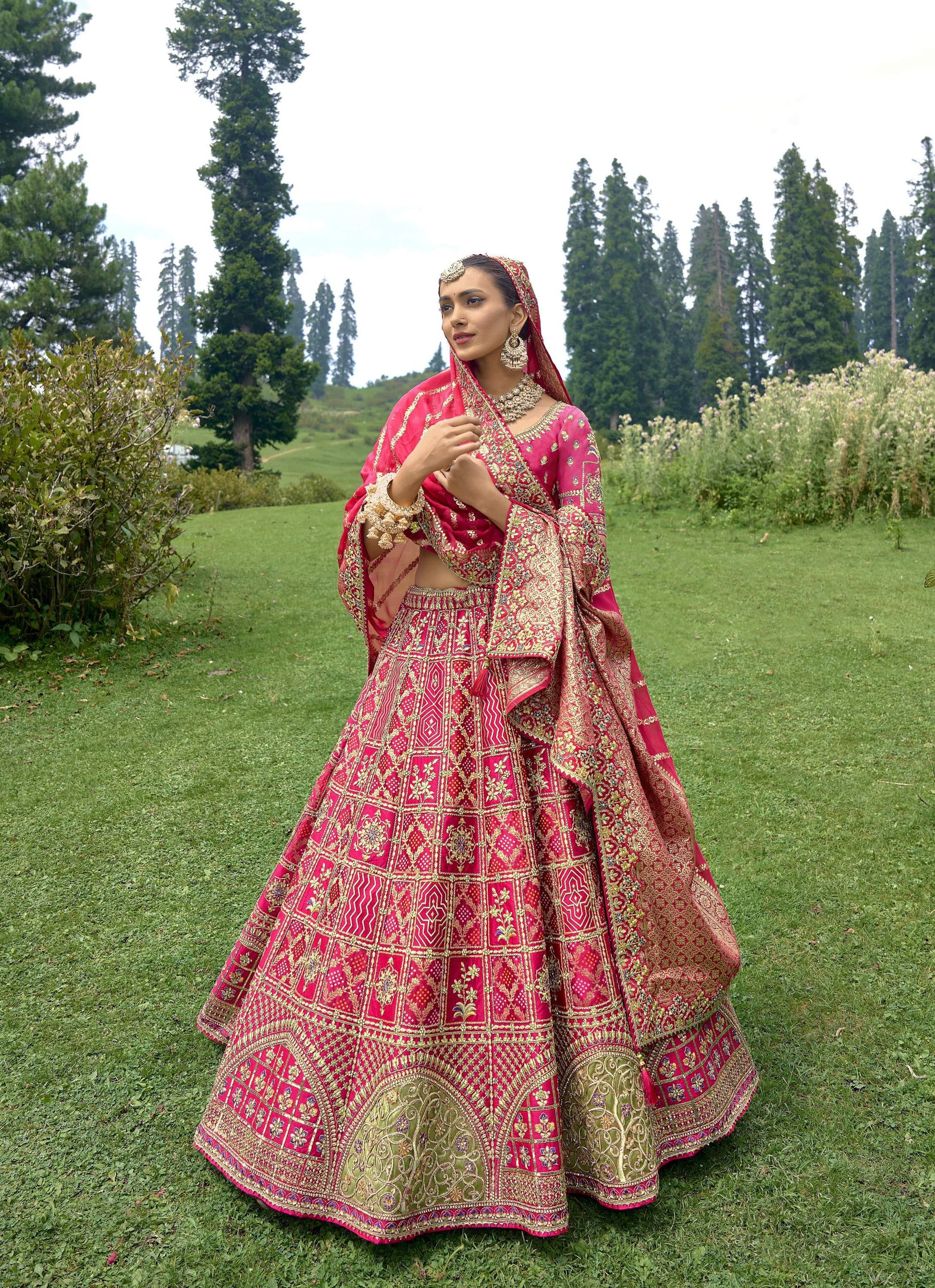 Dark Pink Silk Gota Embroidered Bridal Lehenga Choli