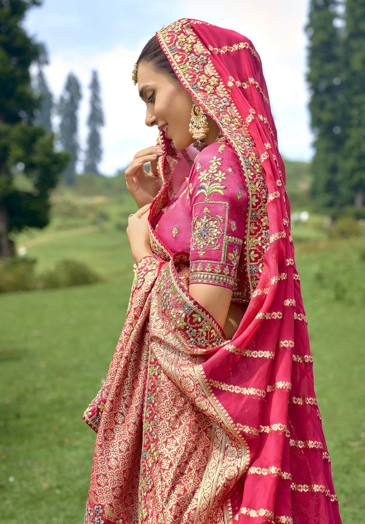 Dark Pink Silk Gota Embroidered Bridal Lehenga Choli