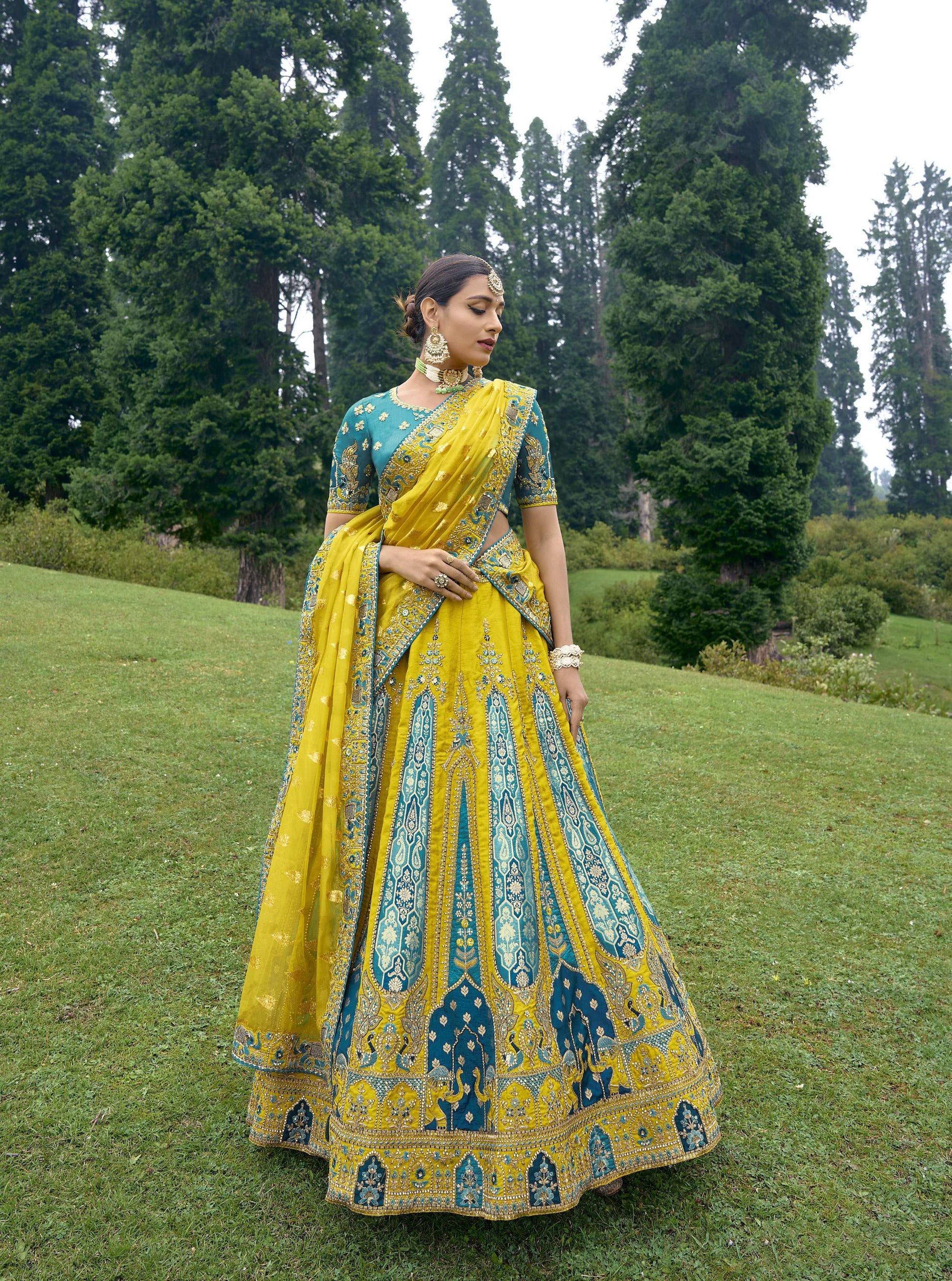 Yellow and Blue Silk Gota Embroidered Wedding Lehenga